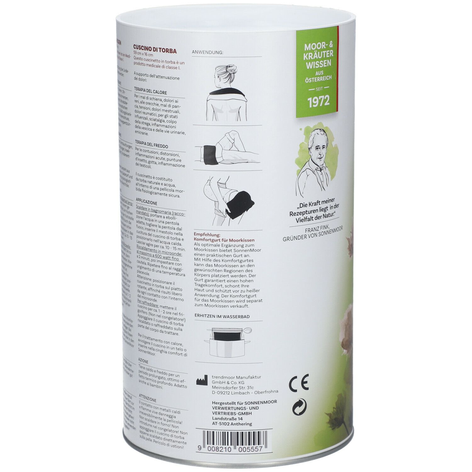 Zylindrische Verpackung mit Text und Illustrationen zur Anwendung von MOOR KISSEN. CE-Kennzeichnung.