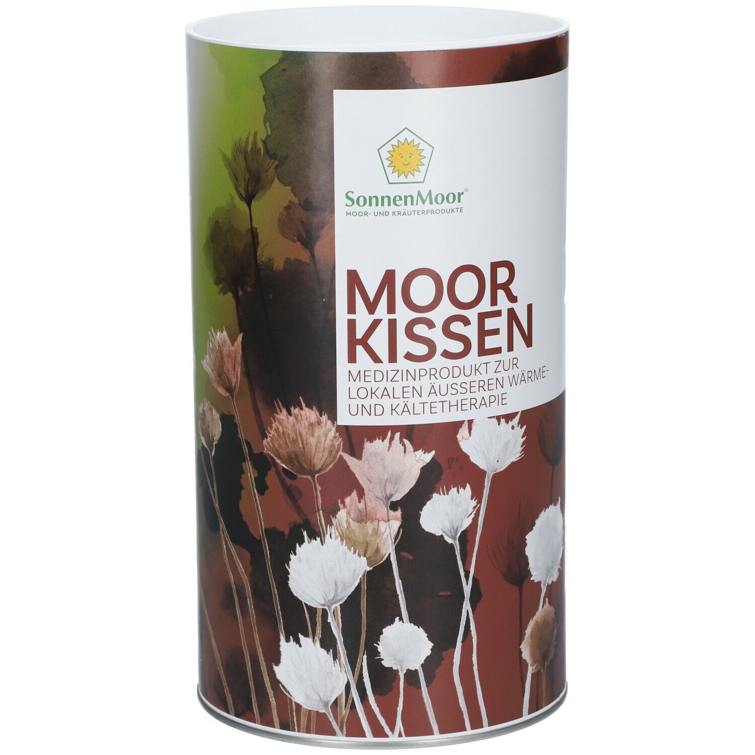 Zylindrische Verpackung mit SonnenMoor Logo und MOOR KISSEN. Text: Medizinprodukt für Wärme- und Kältetherapie.