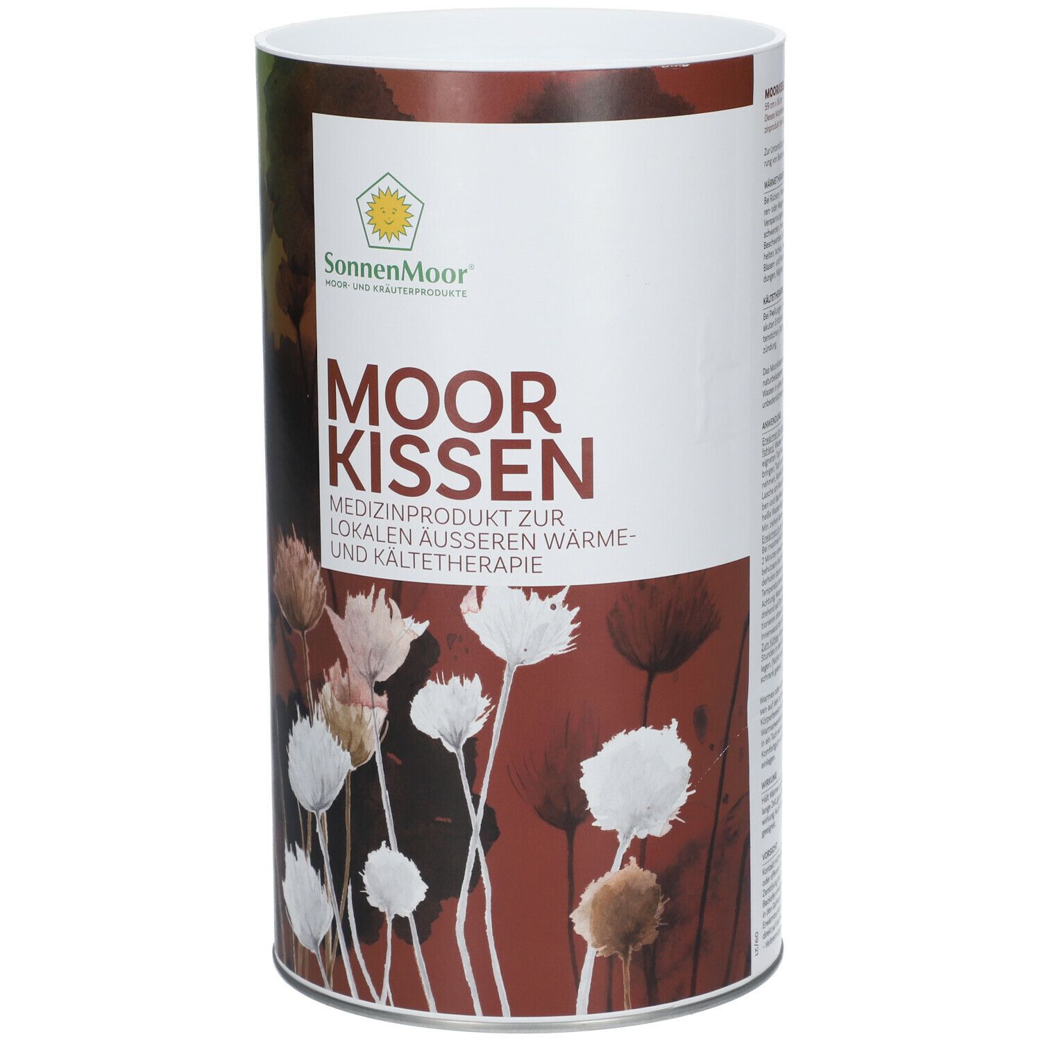 Zylindrische Verpackung mit SonnenMoor Logo und MOOR KISSEN. Text: Medizinprodukt für Wärme- und Kältetherapie.