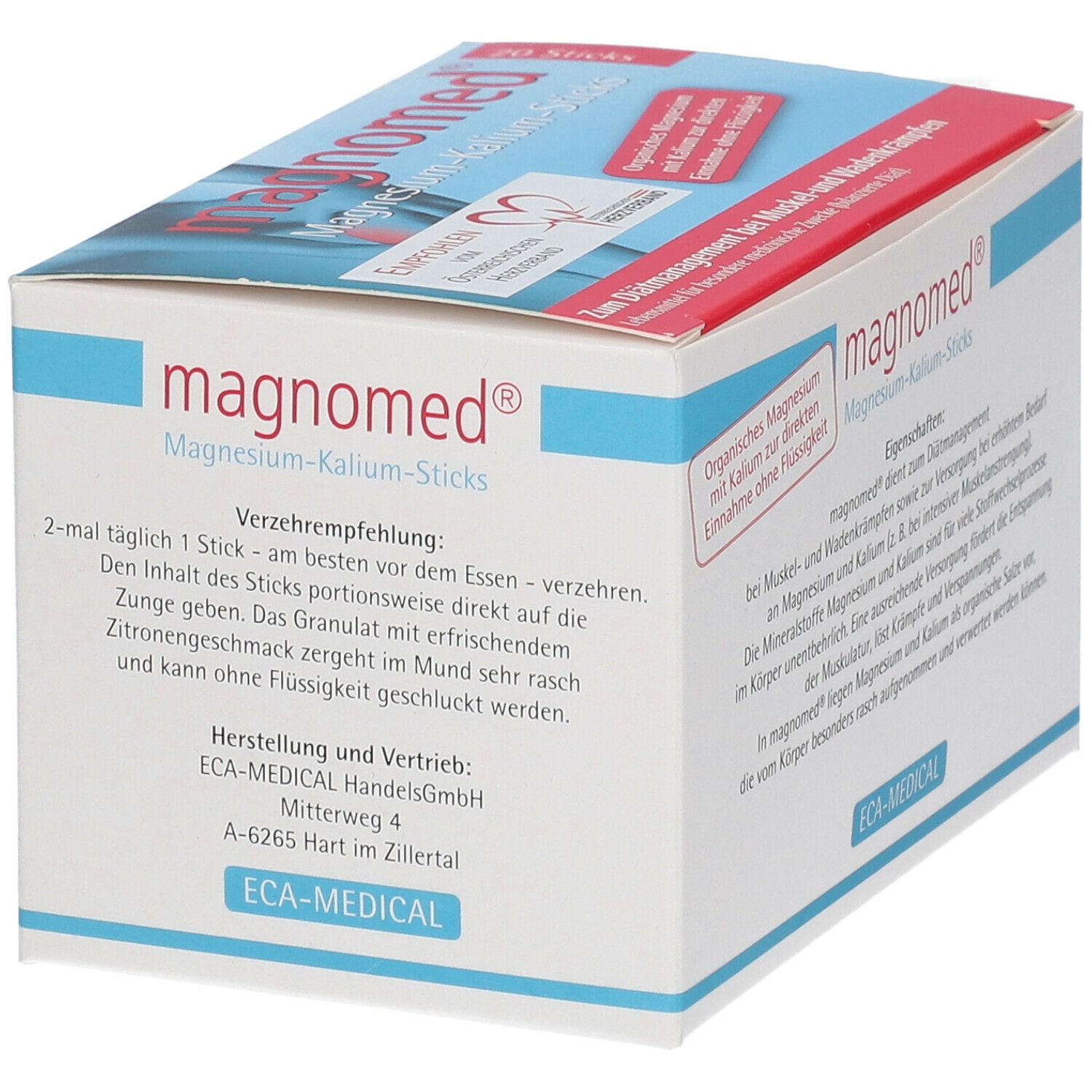 Schachtel "magnomed® Magnesium-Kalium-Sticks". Text: "2-mal täglich 1 Stick". Aufdruck: "ECA-MEDICAL".