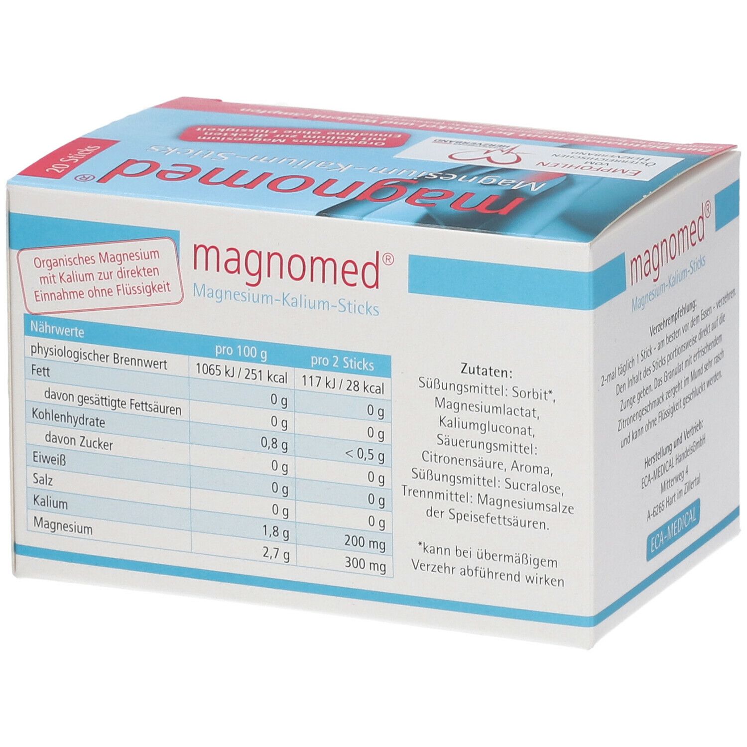 Schachtel "magnomed® Magnesium-Kalium-Sticks". Rückseite mit Nährwerttabelle und Zutatenliste. Aufdruck: "ECA-MEDICAL".