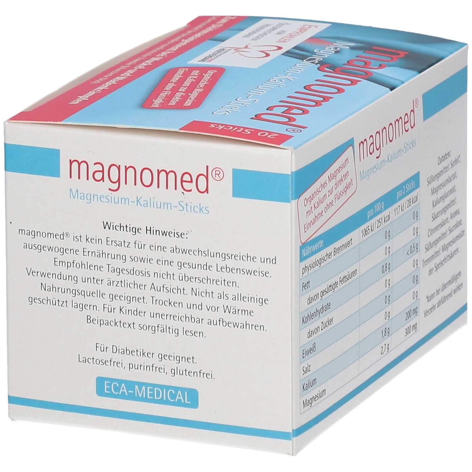 Schachtel "magnomed® Magnesium-Kalium-Sticks". Text: "Wichtige Hinweise". Aufdruck: "ECA-MEDICAL".
