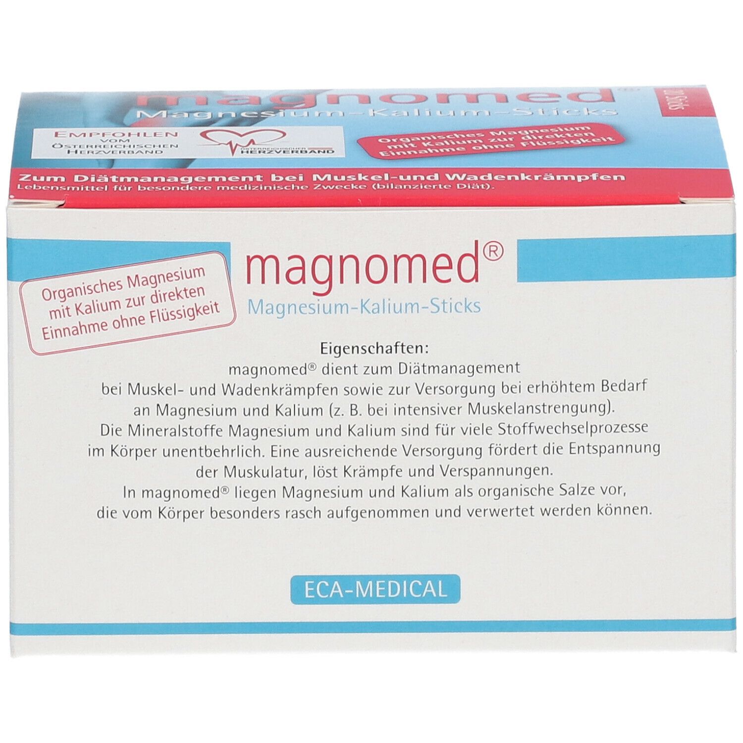 Schachtel "magnomed® Magnesium-Kalium-Sticks". Text: "Zum Diätmanagement bei Muskel- und Wadenkrämpfen". Aufdruck: "ECA-MEDICAL".