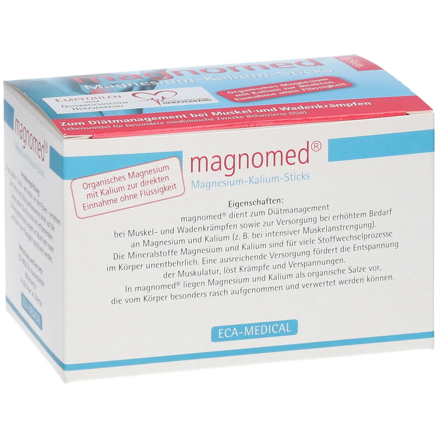 Schachtel "magnomed® Magnesium-Kalium-Sticks". Text: "Zum Diätmanagement bei Muskel- und Wadenkrämpfen". Aufdruck: "ECA-MEDICAL".