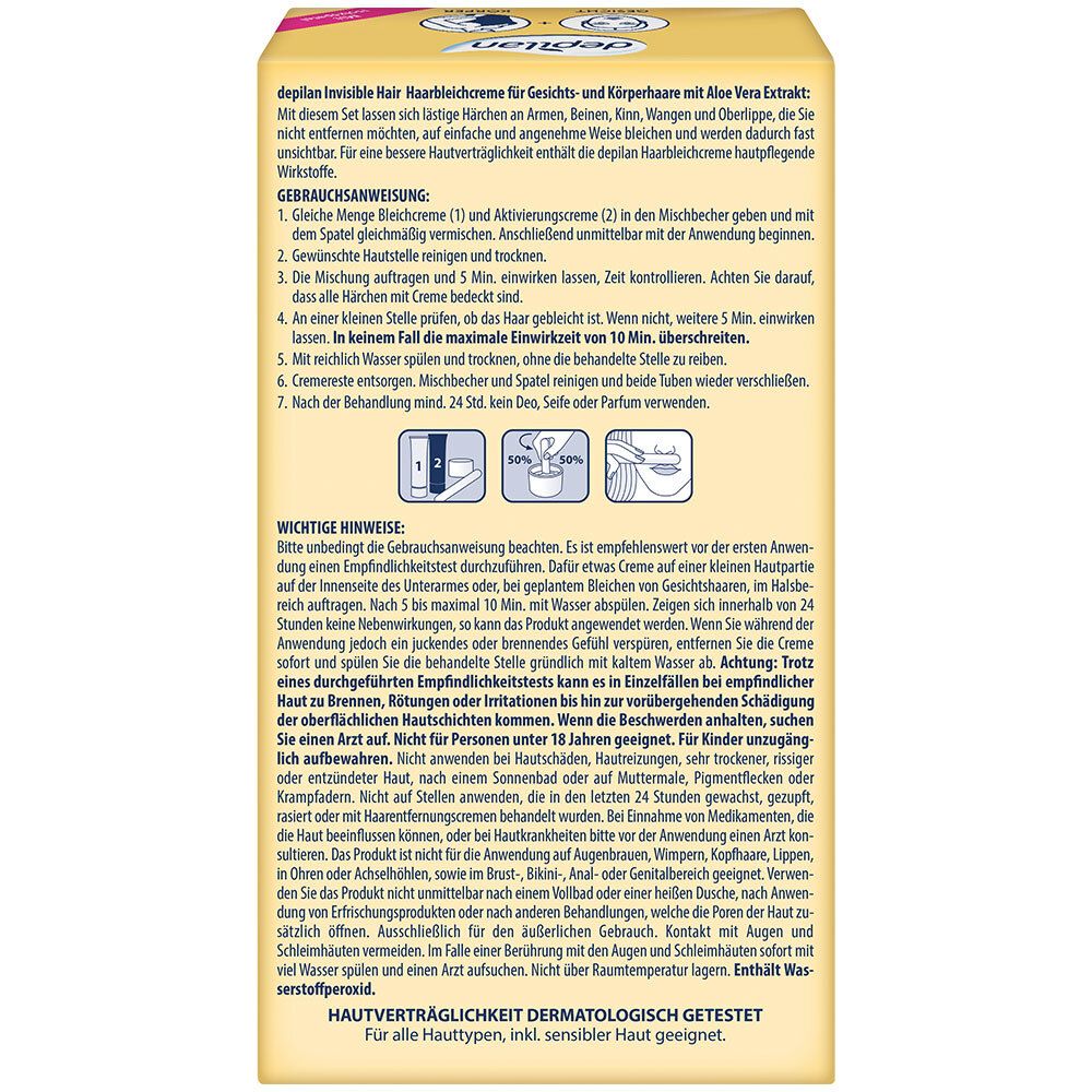 Rückseite der Verpackung mit Gebrauchsanweisung und wichtigen Hinweisen. Text in deutscher Sprache. Dermatologisch getestet.