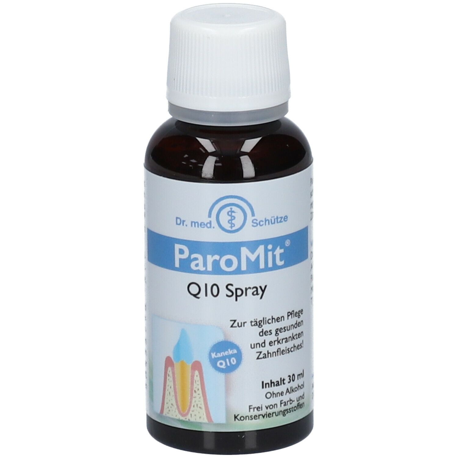 Braune Flasche mit weißem Deckel. Etikett mit Produktname ParoMit Q10 Spray und Illustration eines Zahns.