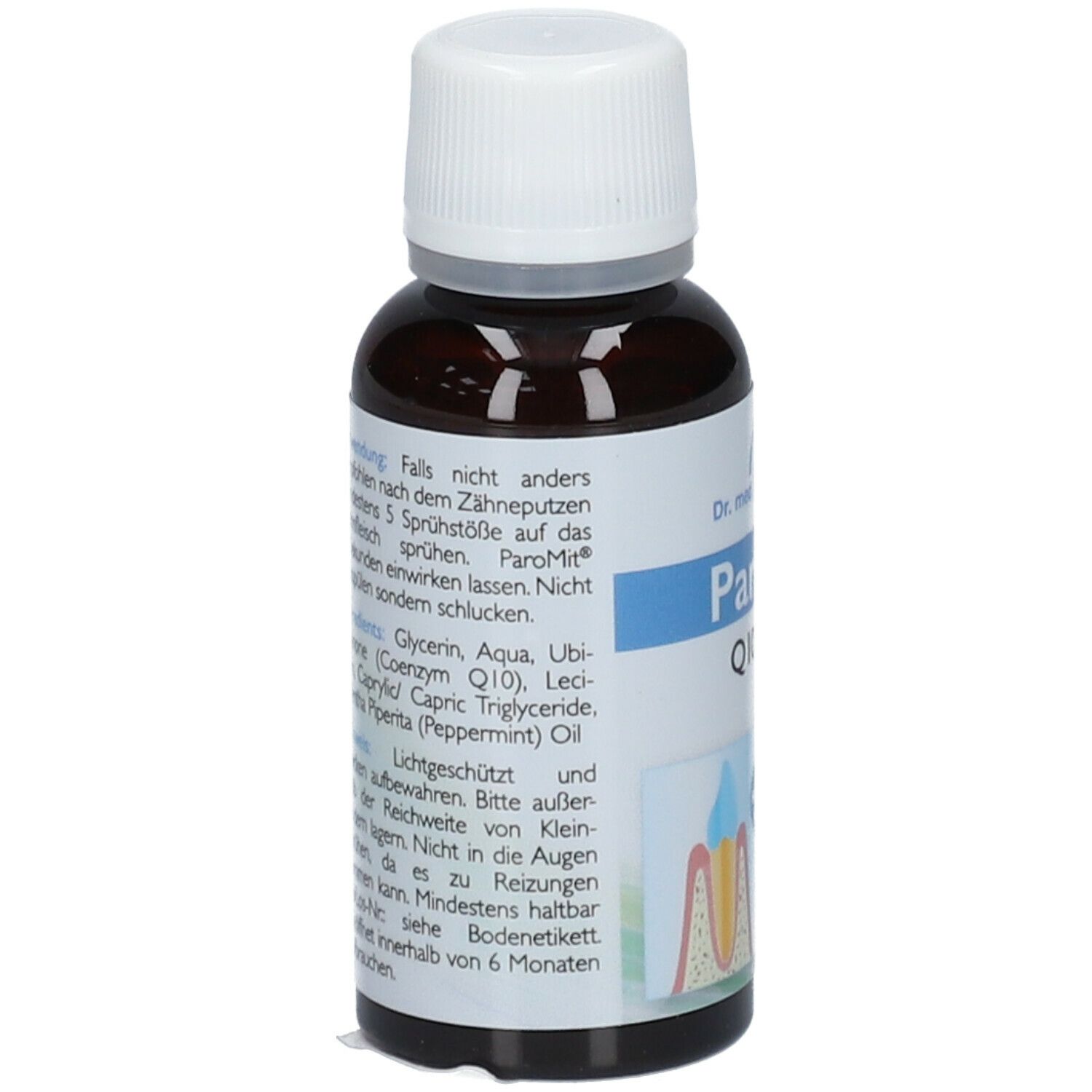 Braune Flasche mit weißem Deckel. Etikett mit Produktinformationen, Inhaltsstoffen und Anwendungshinweisen.
