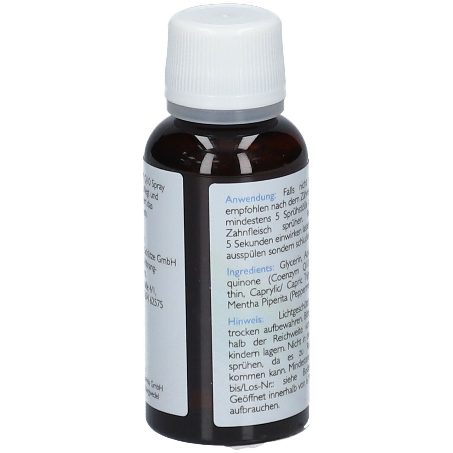 Braune Flasche mit weißem Deckel. Etikett mit Produktinformationen und Anwendungshinweisen.