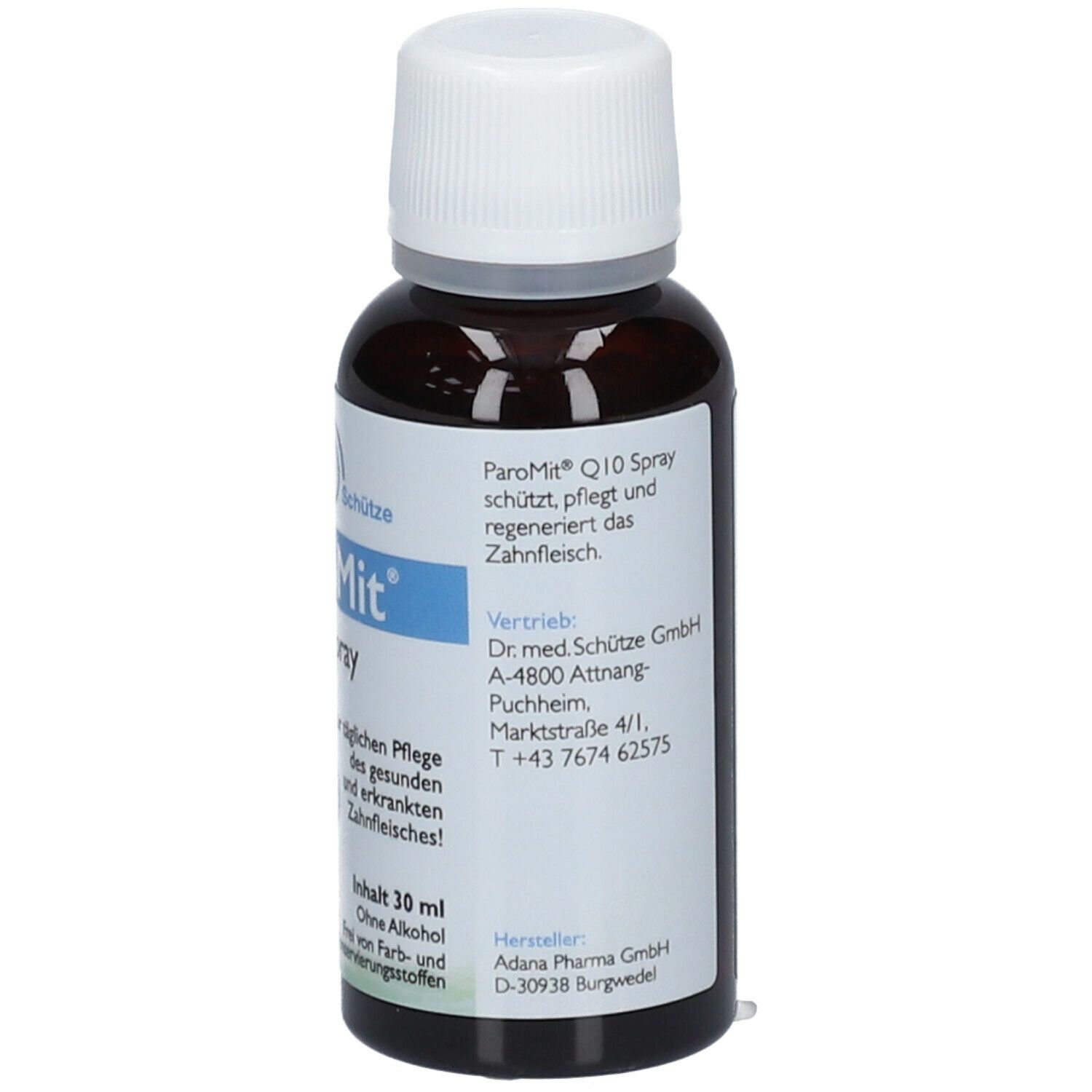 Braune Flasche mit weißem Deckel. Etikett mit Produktname ParoMit Q10 Spray und Herstellerinformationen.