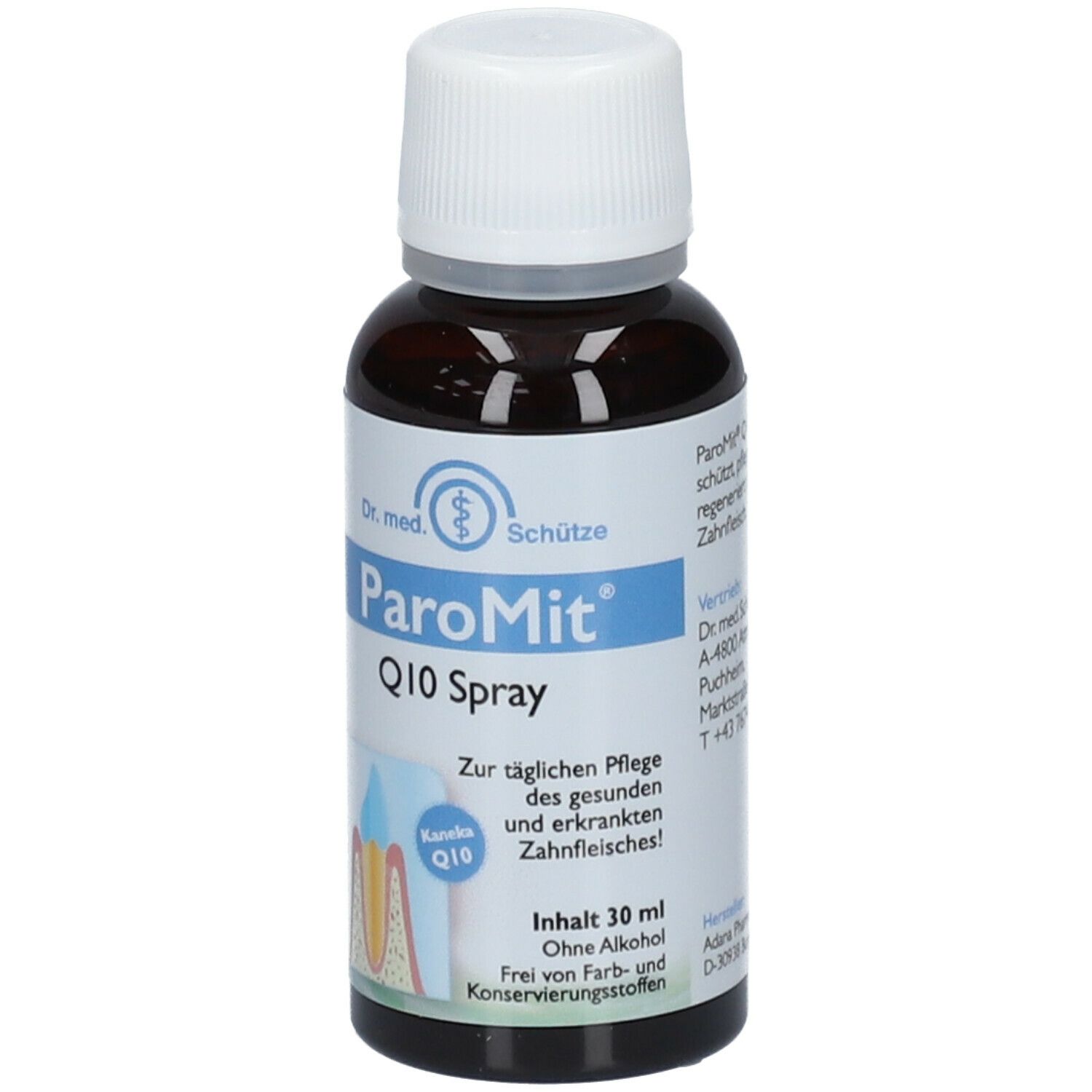 Braune Flasche mit weißem Deckel. Etikett mit Produktname ParoMit Q10 Spray und Illustration eines Zahns.