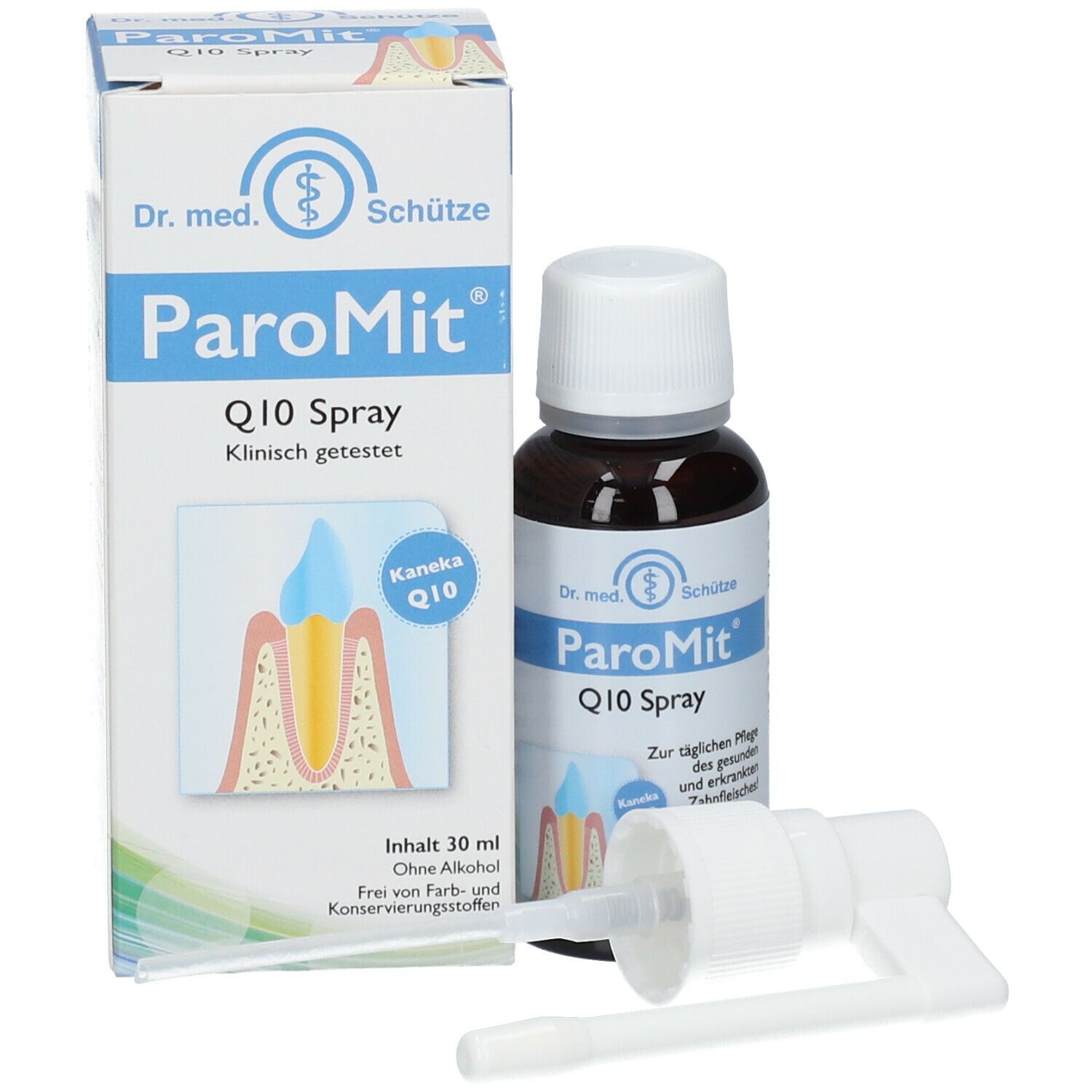 ParoMit Q10 Spray Flasche und Verpackung. Flasche mit Sprühkopf und Karton mit Produktname und Illustration.