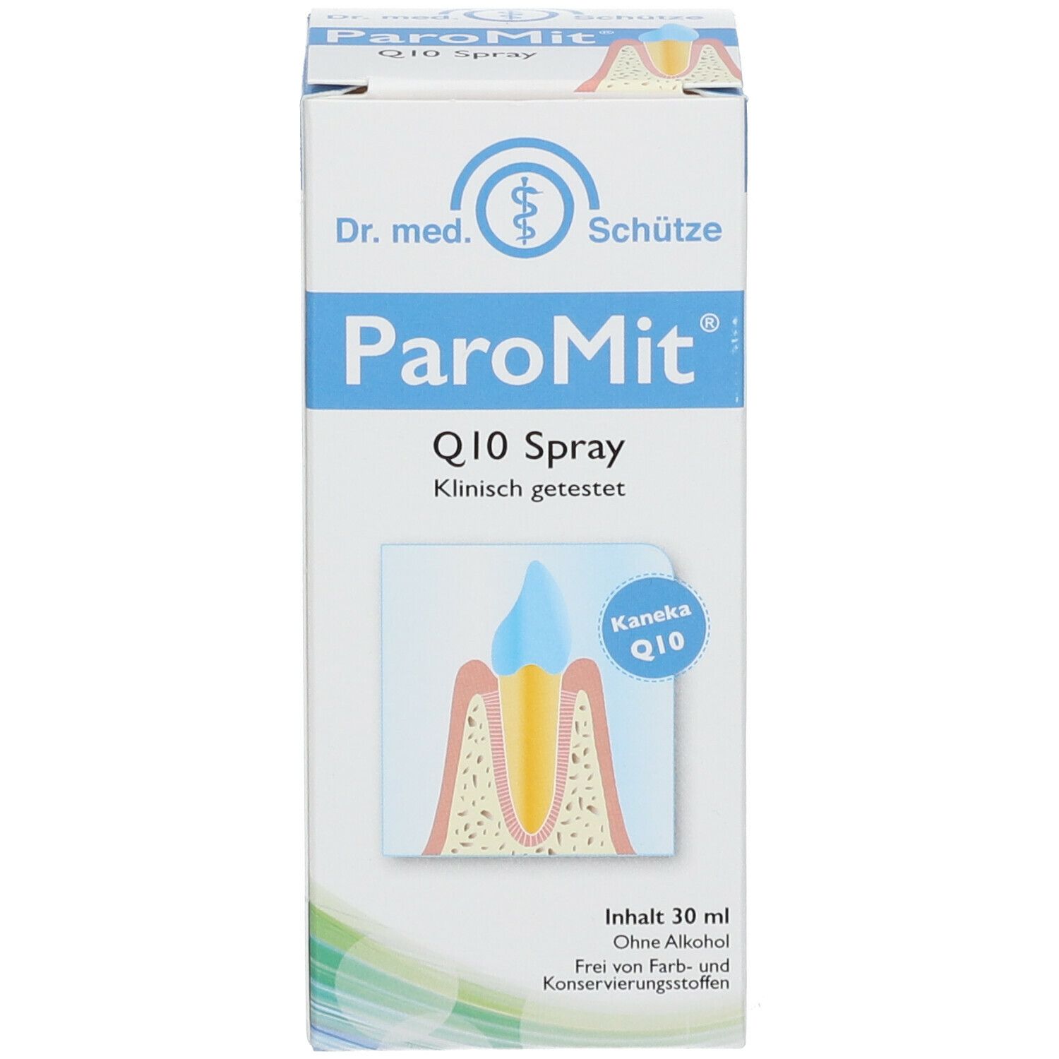 Weiße Verpackung mit Produktname ParoMit Q10 Spray und Illustration eines Zahns. Klinisch getestet.