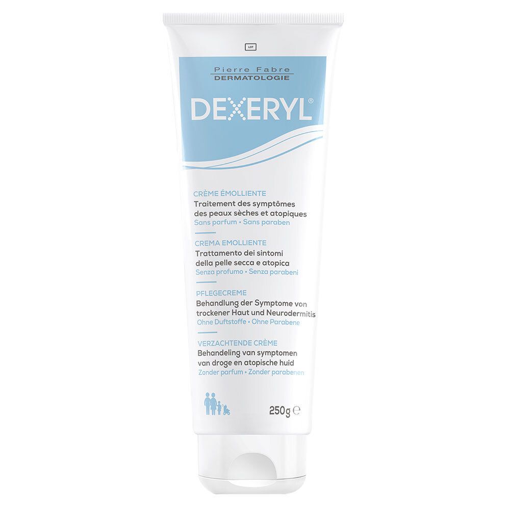 Creme-Tube DEXERYL, weiß mit blauer Schrift. Text: Crème émolliente, Pflegecreme, 250g.