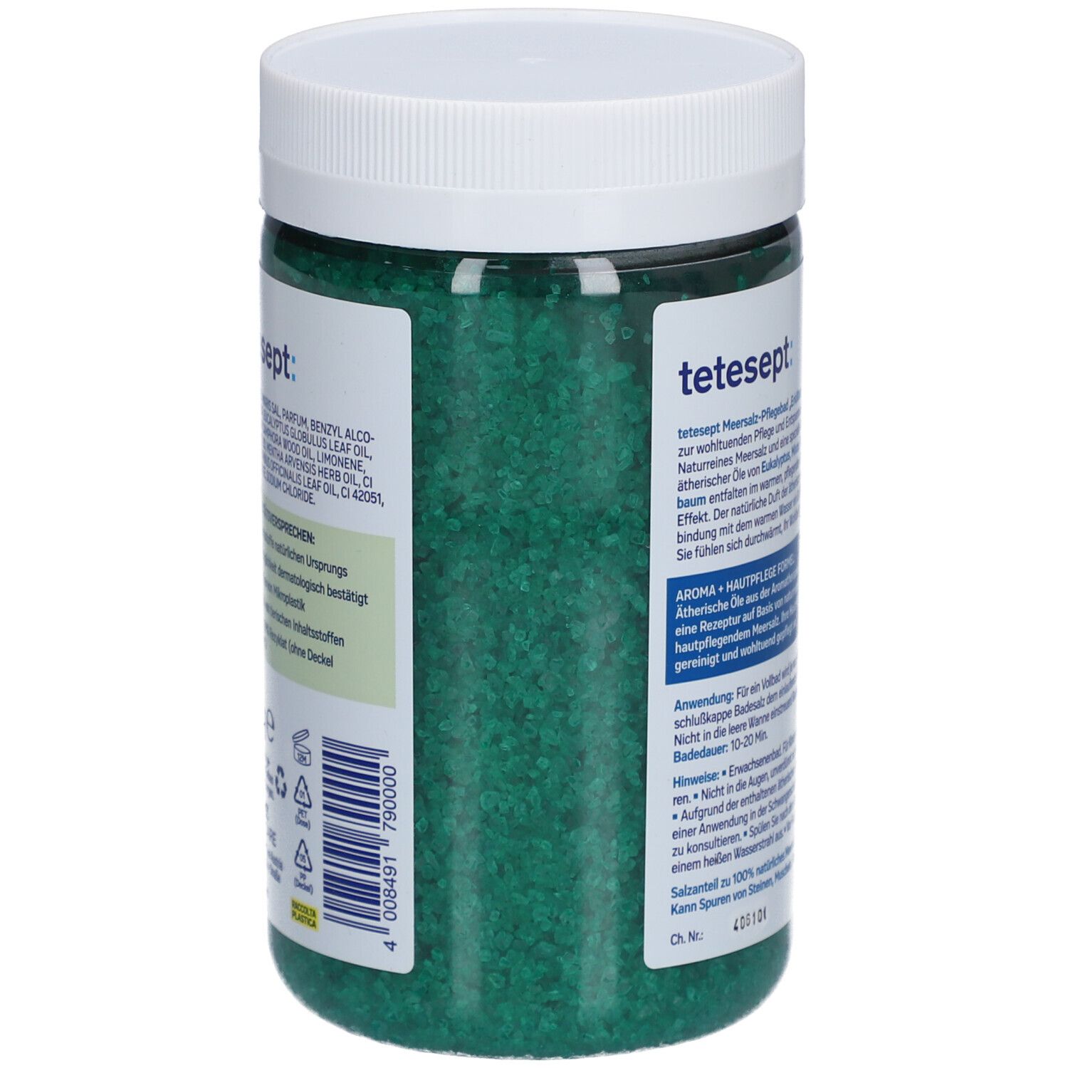 Dose mit grünem Badesalz. Rückansicht. Text: tetesept Erkältungszeit. Inhaltsstoffe, Anwendungshinweise.