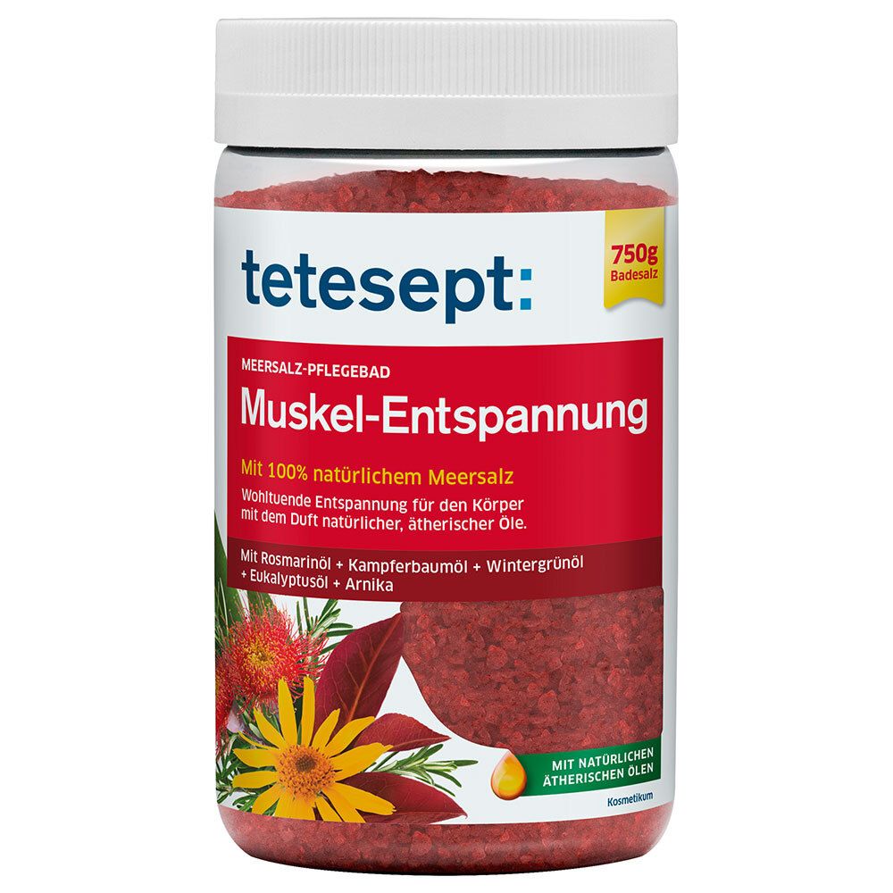 tetesept® Muskel-Entspannung Pflegebad in Dose. Rotes Badesalz. Aufschrift: Meersalz-Pflegebad, Muskel-Entspannung.
