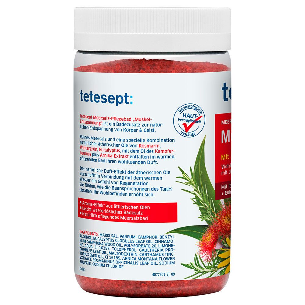 Rückseite der tetesept® Muskel-Entspannung Pflegebad Dose. Text: Meersalz-Pflegebad, Muskel-Entspannung. Inhaltsstoffe.