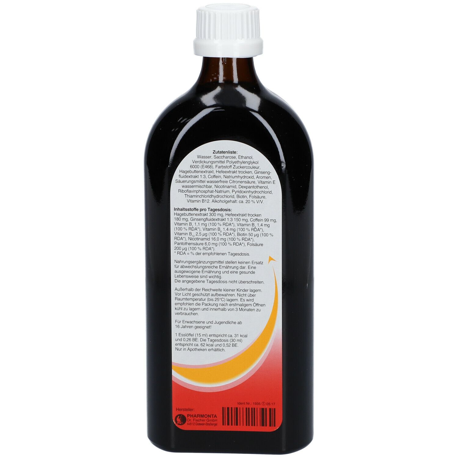 Rückseite einer braunen Glasflasche. Etikett mit Inhaltsstoffen und Nährwertangaben.