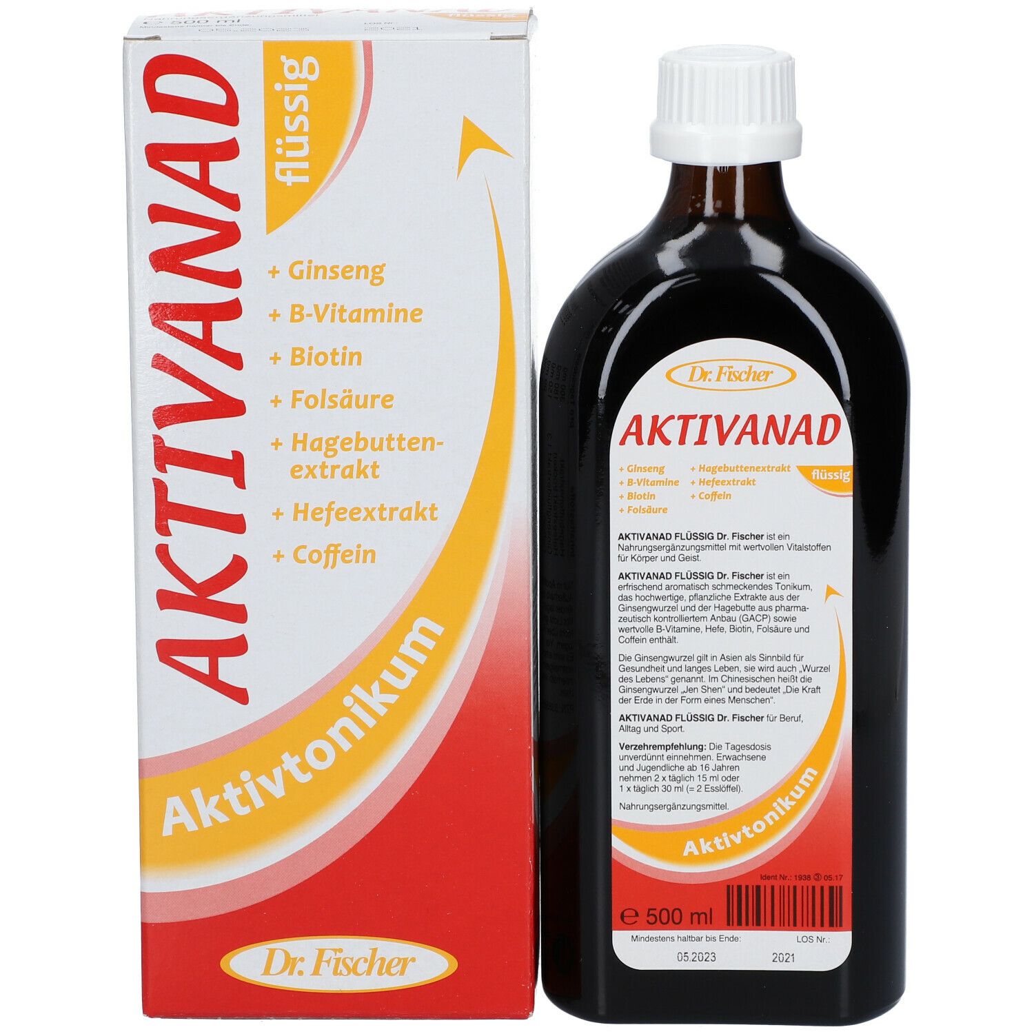 Produktflasche und -verpackung. Flasche braun, Verpackung weiß-rot. Produktname und Inhaltsstoffe.