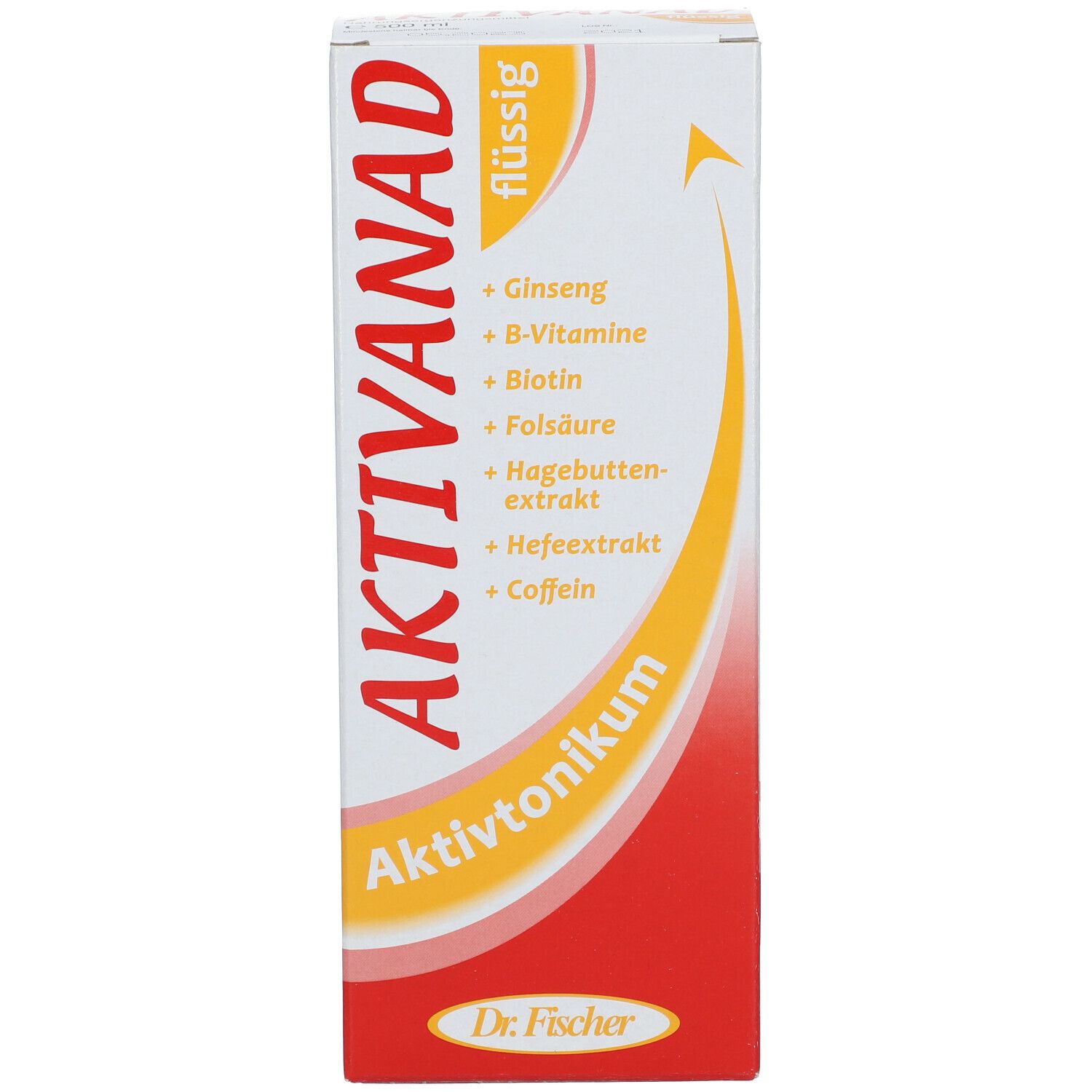 Weiße Verpackung mit rotem Akzent. Produktname und Inhaltsstoffe. Gelber Pfeil.
