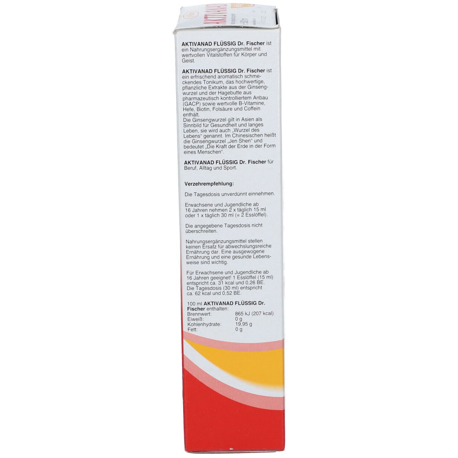 Verpackung mit Produktinformationen. Text in Deutsch. Inhaltsstoffe, Dosierung, Nährwerte.