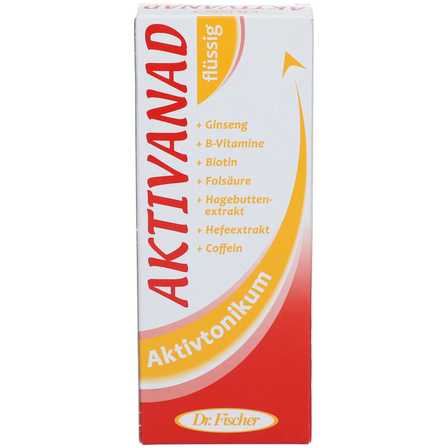 Weiße Verpackung mit rotem Akzent. Produktname und Inhaltsstoffe. Gelber Pfeil.