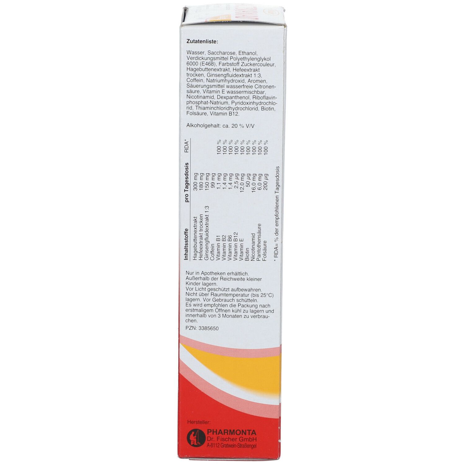 Rückseite der Verpackung. Zutatenliste, Nährwertangaben, Alkoholgehalt. Text in Deutsch.