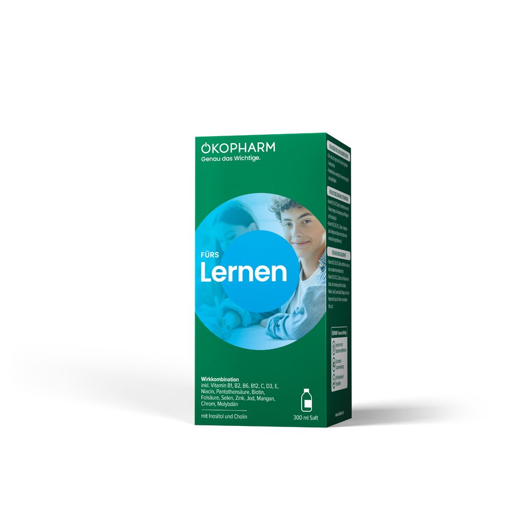 Boîte verte avec nom du produit et image. Texte: FÜR Lernen, ÖKOPHARM. Contient une bouteille.
