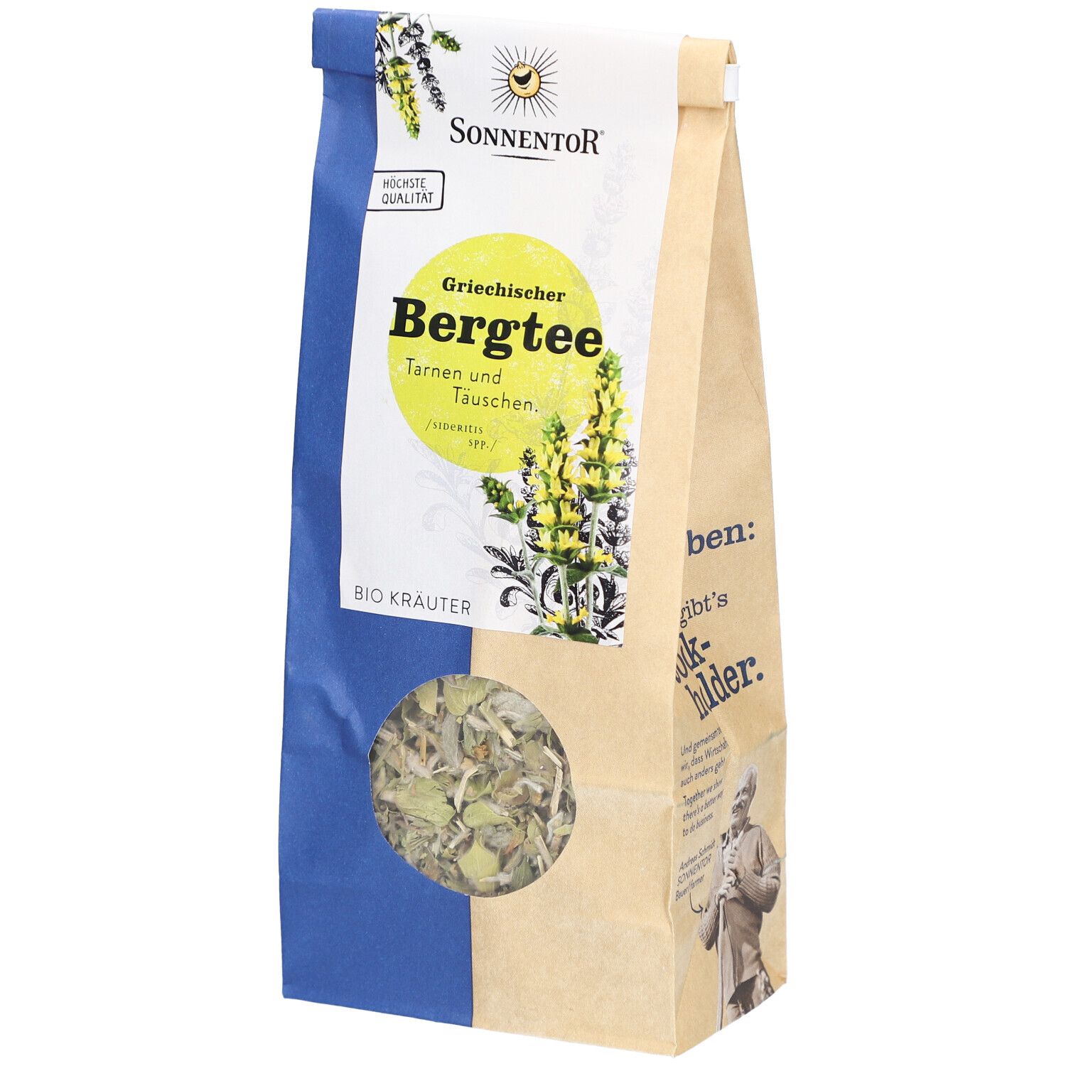 Beutel mit losem Bergtee. Sichtfenster zeigt Kräuter. Aufdruck: Sonnentor, Griechischer Bergtee, Bio Kräuter.