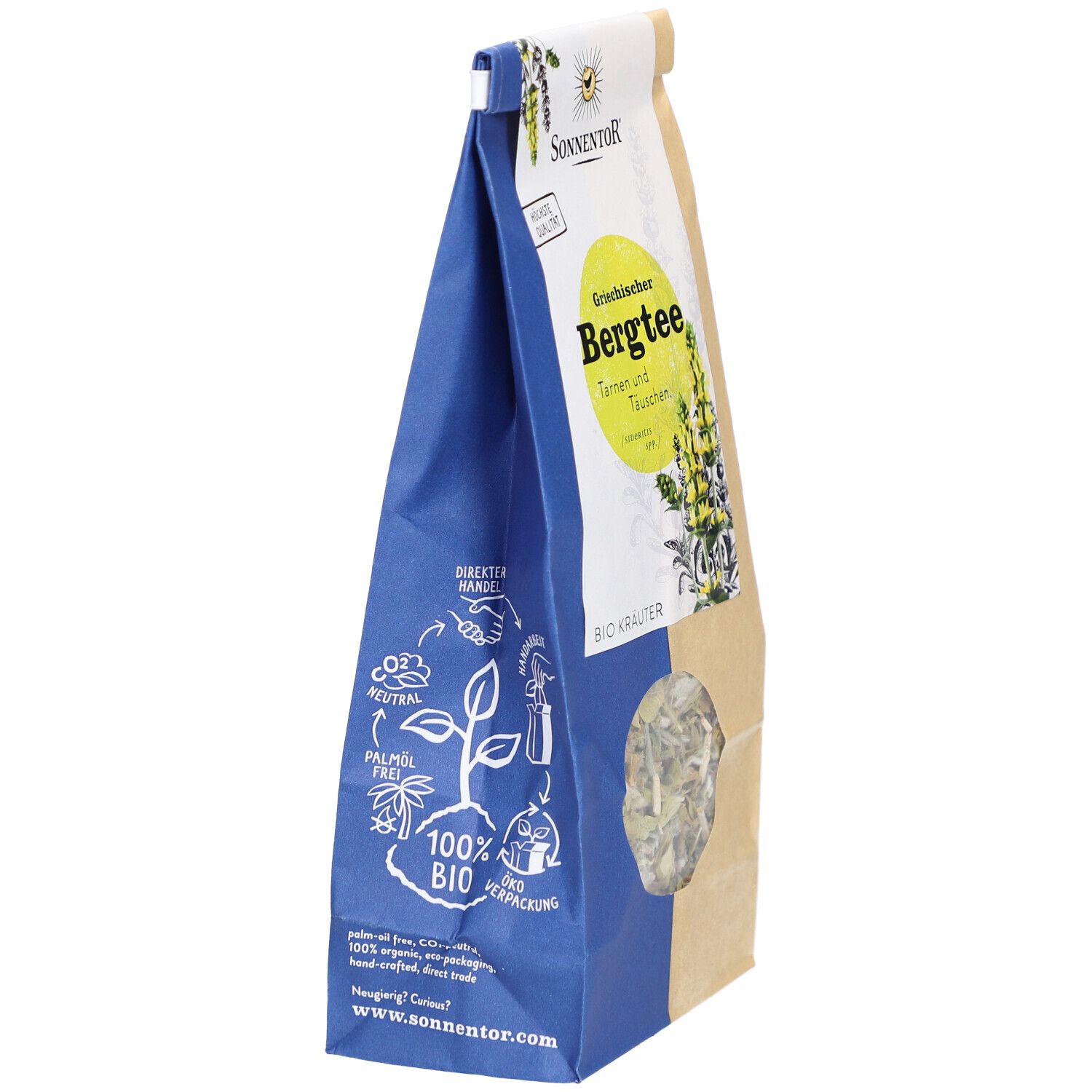 Blauer und brauner Beutel mit losem Tee. Aufdruck: Sonnentor, Bio, CO2 neutral, Palmölfrei. Sichtfenster mit Kräutern.