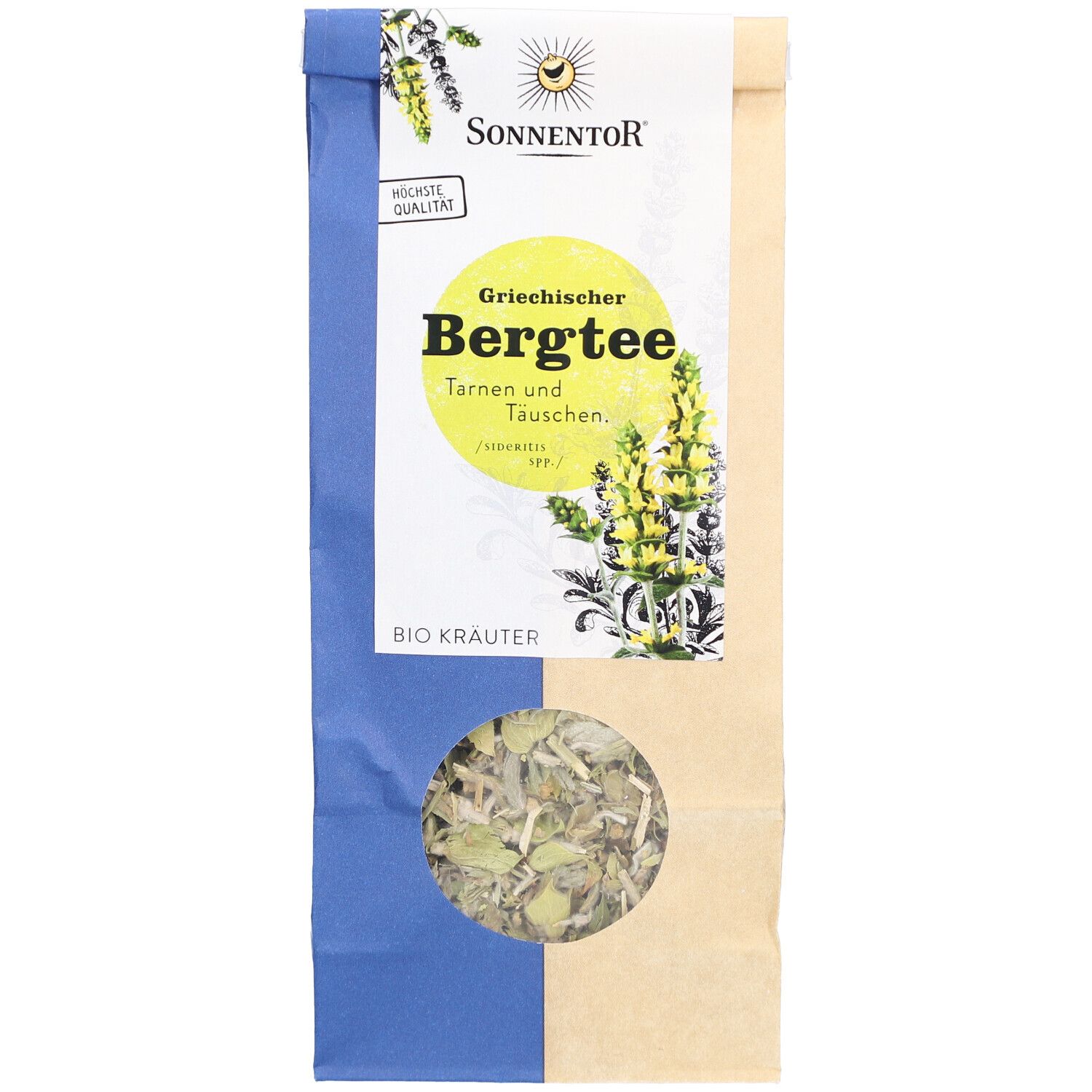 Beutel mit losem Bergtee. Sichtfenster zeigt Kräuter. Aufdruck: Sonnentor, Griechischer Bergtee, Bio Kräuter.