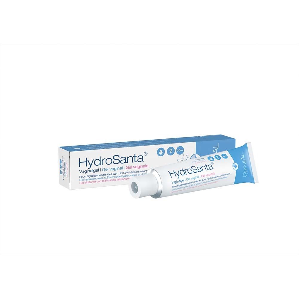 Weiß-blaue Tube und Schachtel. Aufschrift: HydroSanta, Vaginalgel. Produktname und Inhaltsstoffe.