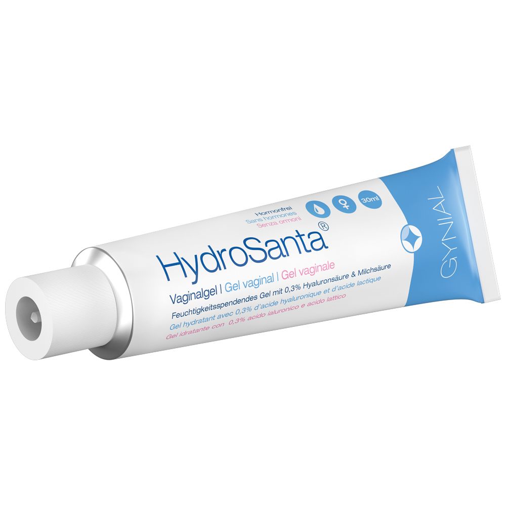 HydroSanta Vaginalgel Tube. Weiß mit blauem Akzent. Produktname und Details aufgedruckt. GYNIAL Logo.