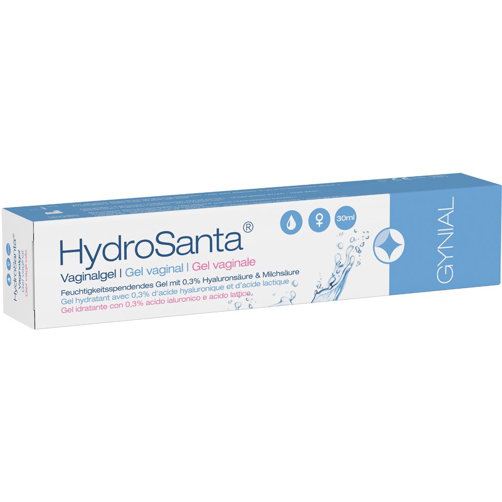 HydroSanta Vaginalgel Verpackung. Weiß-blaue Farbgebung. Produktname und Details aufgedruckt. GYNIAL Logo.
