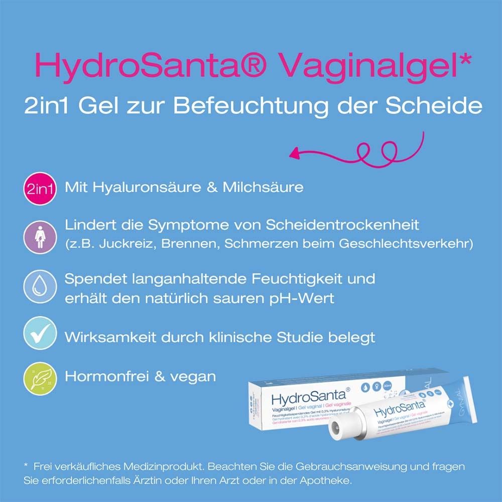 Infografik: HydroSanta Vaginalgel. 2in1 Gel. Mit Hyaluronsäure & Milchsäure. Lindert Symptome. Hormonfrei & vegan.