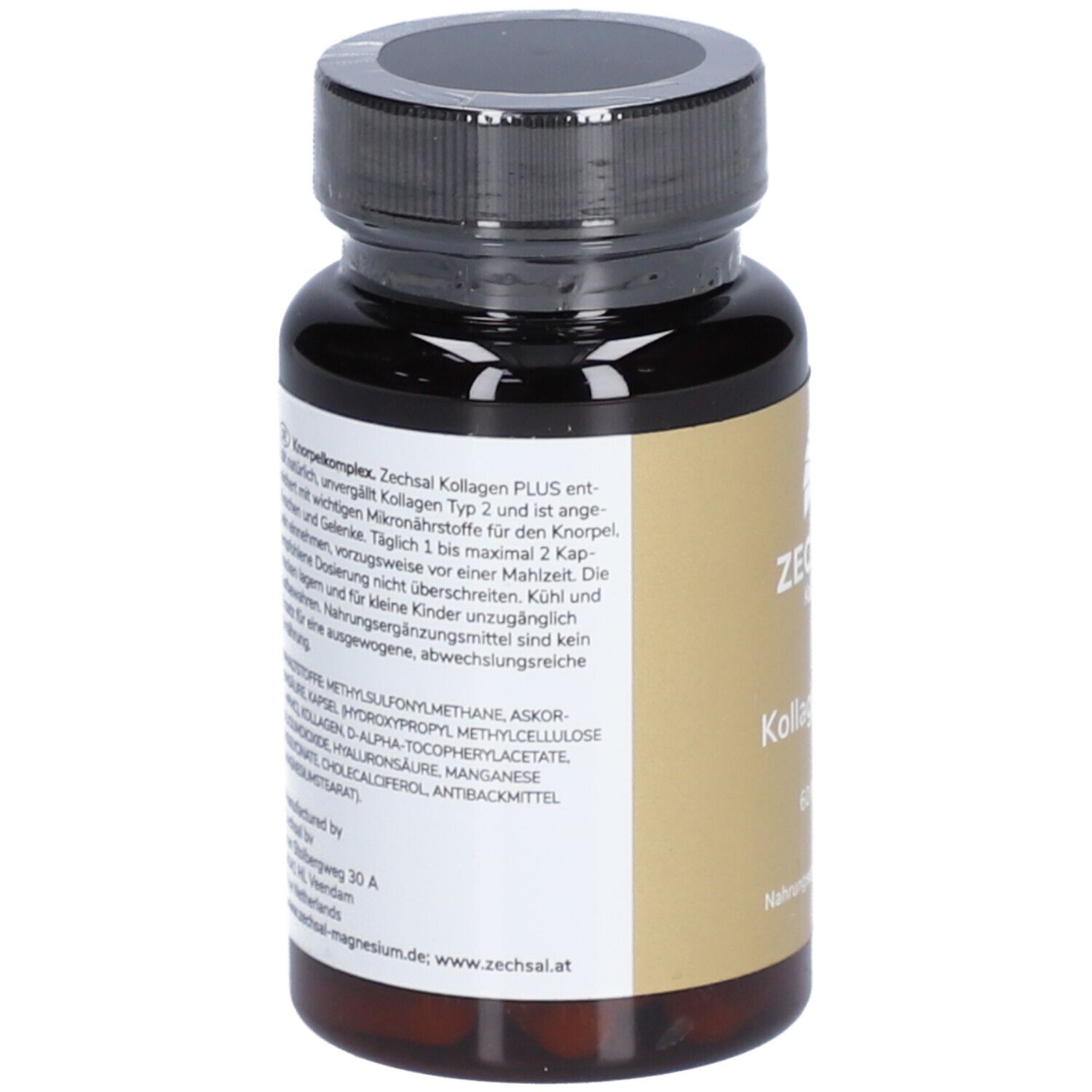 Rückseite der Kapsel-Dose. Text: Inhaltsstoffe, Gebrauchsanweisung, Herstellerinformationen. Braune Kapseln sichtbar.