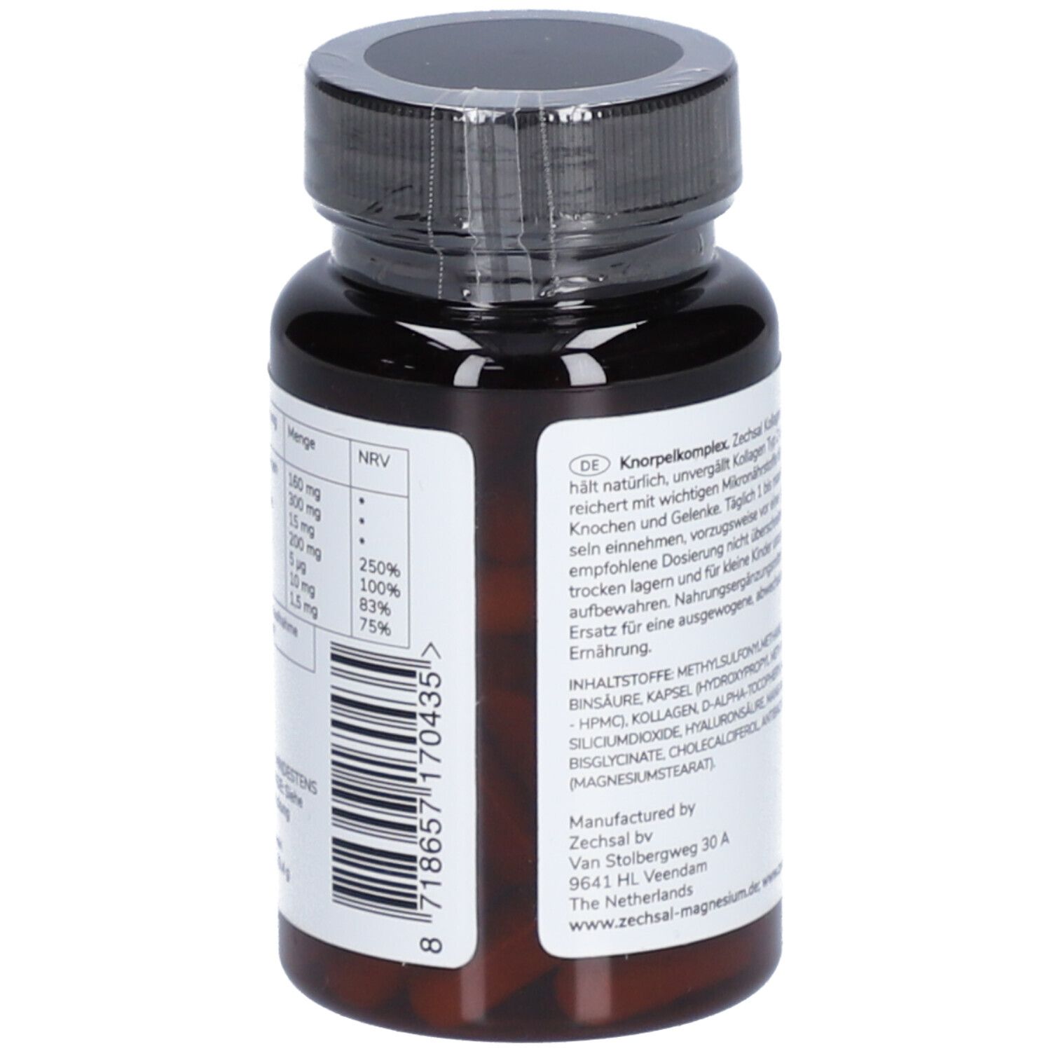 Rückseite der Kapsel-Dose. Text: Nährwertangaben, Barcode, Herstelleradresse. Braune Kapseln sichtbar.