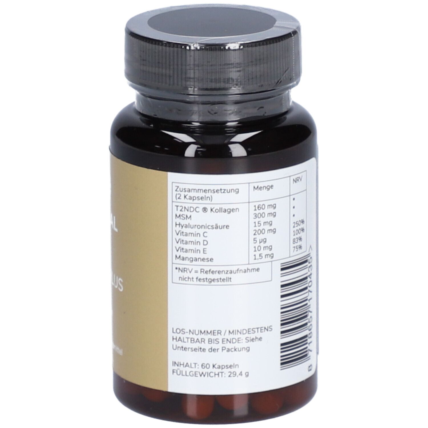 Braune Kapsel-Dose mit schwarzem Deckel. Aufschrift: ZECHSAL Kollagen PLUS, Zusammensetzung, Nährwertangaben.