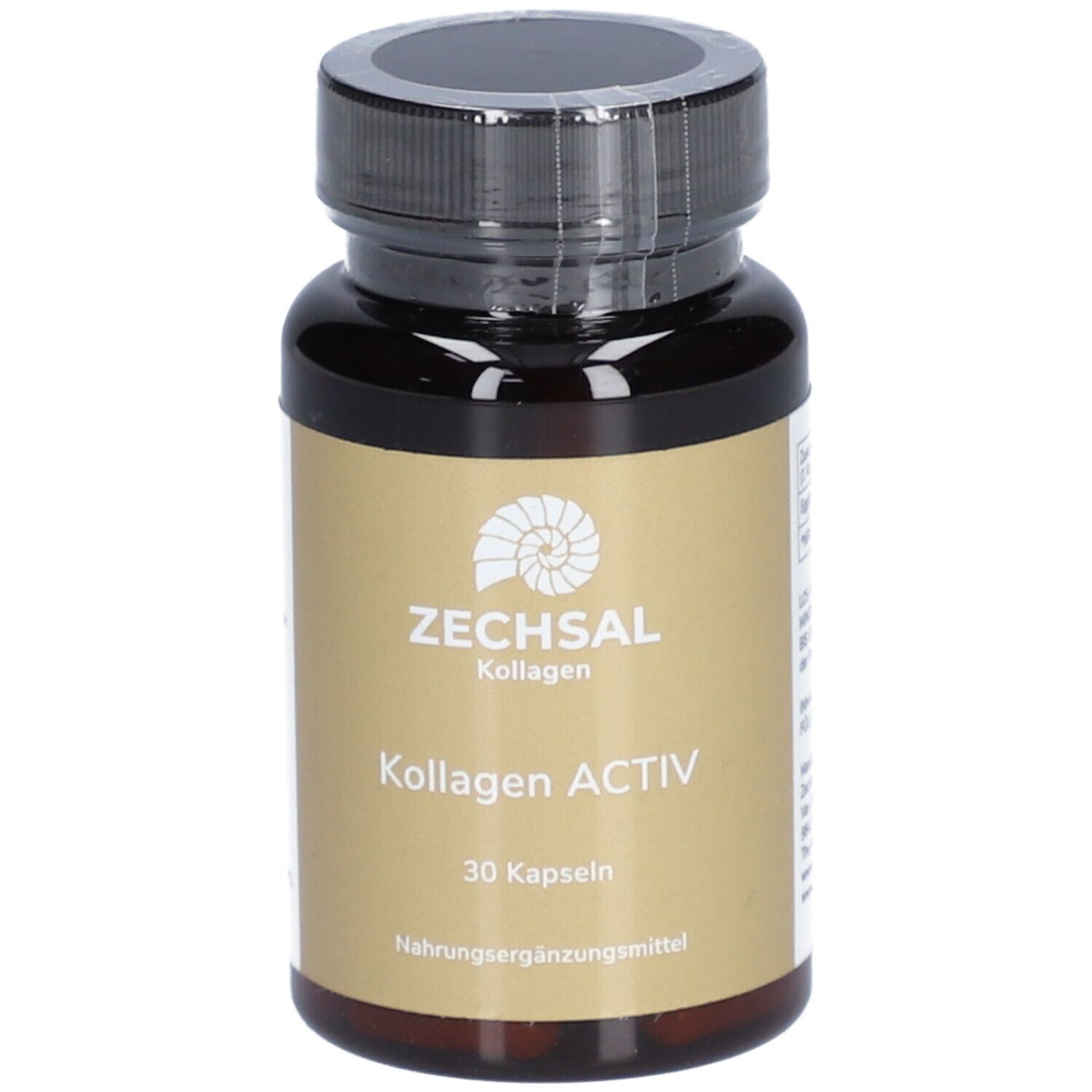 Braune Kapsel-Dose mit schwarzem Deckel. Aufschrift: ZECHSAL Kollagen ACTIV, 30 Kapseln. Nahrungsergänzungsmittel.