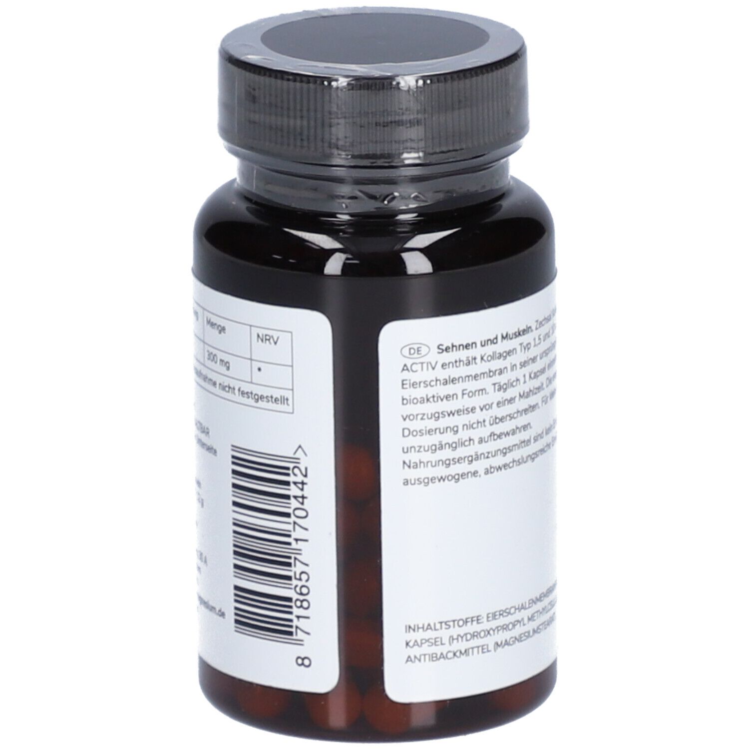 Braune Kapsel-Dose mit schwarzem Deckel. Text auf Etikett. Barcode und weitere Informationen.