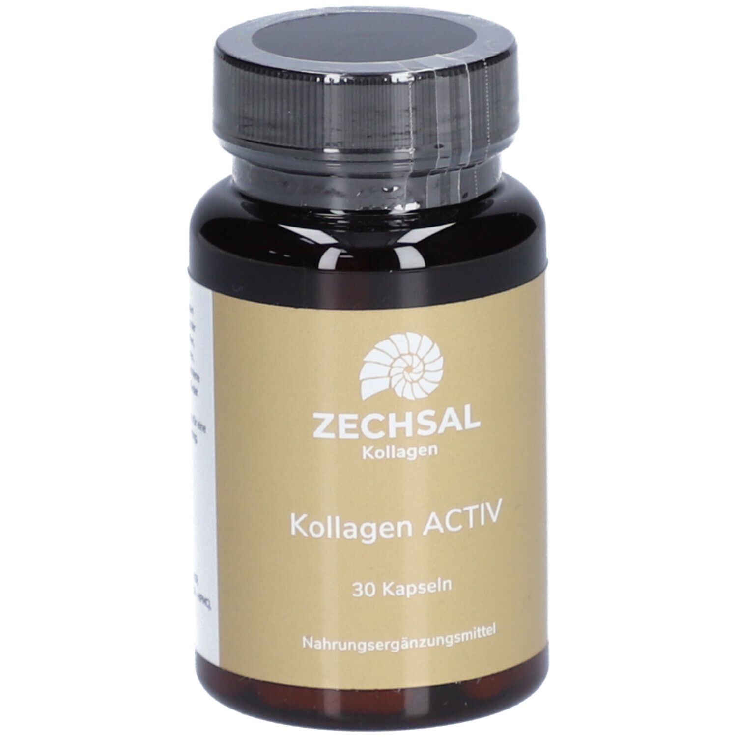 Braune Kapsel-Dose mit schwarzem Deckel. Aufschrift: ZECHSAL Kollagen ACTIV, 30 Kapseln. Nahrungsergänzungsmittel.