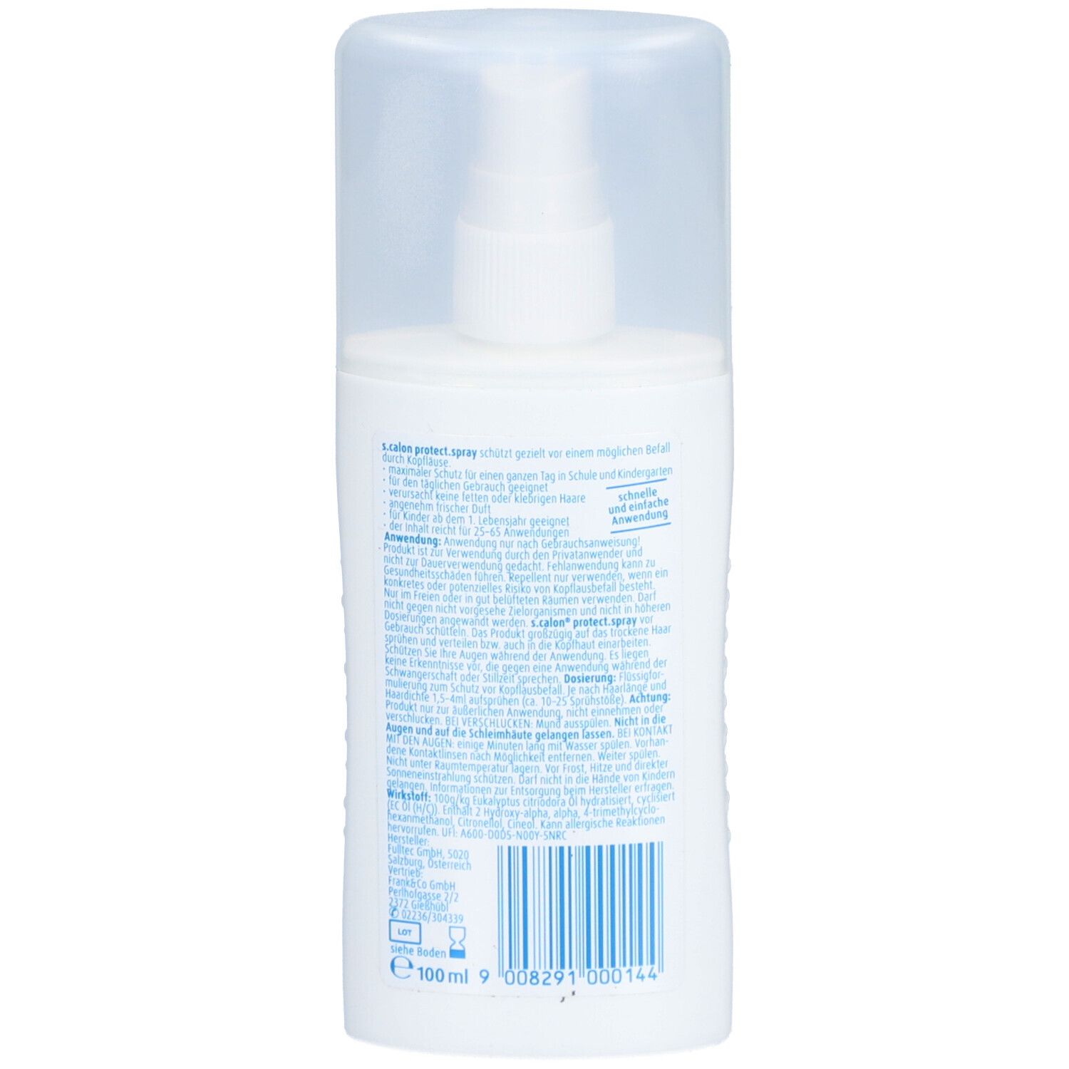 Rückseite der weißen Sprühflasche mit Kappe. Text in Deutsch. Aufschrift: s.calon protect.spray. Mit Barcode.