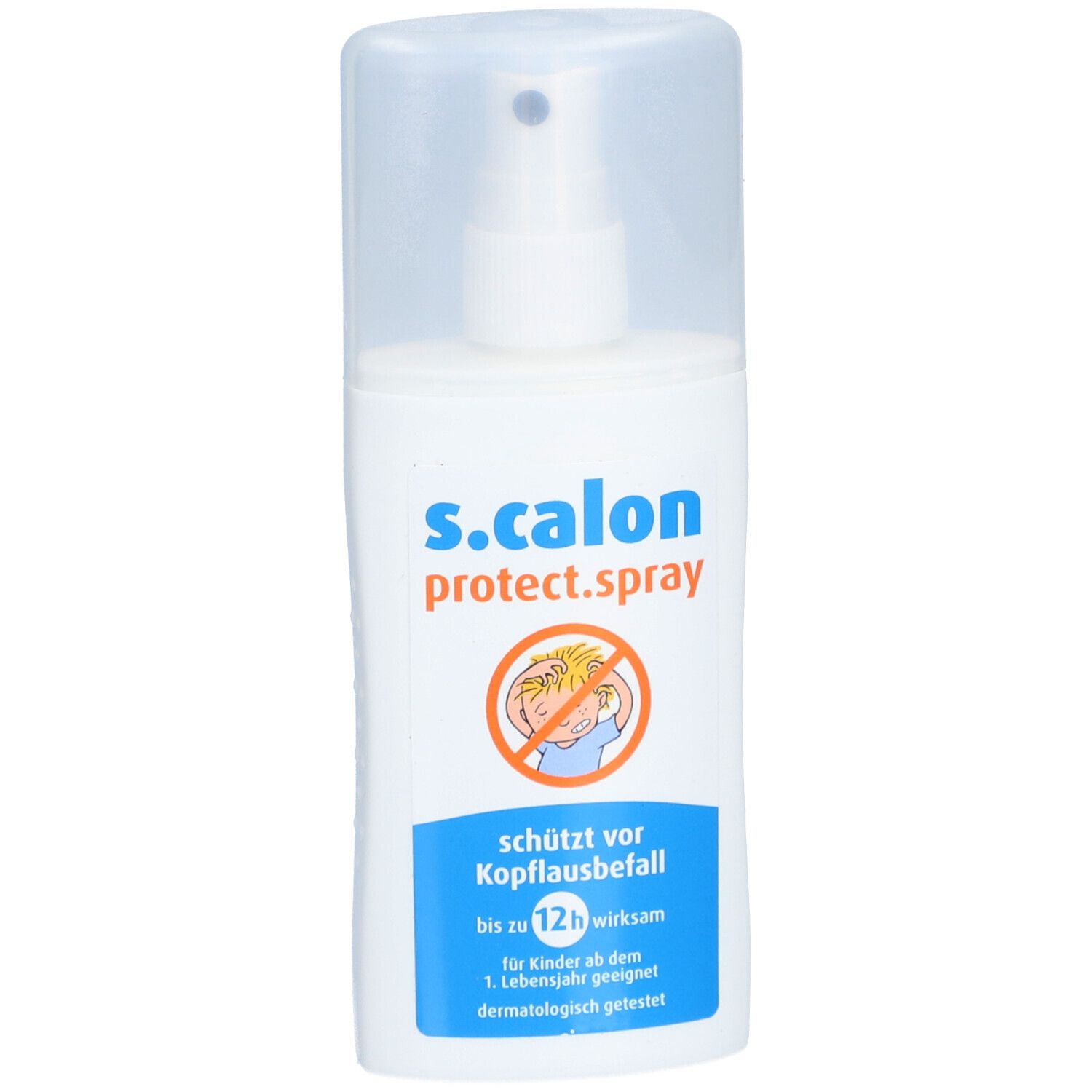 Weiße Sprühflasche mit Kappe. Aufschrift: s.calon protect.spray. Schützt vor Kopflausbefall. Für Kinder ab 1. Lebensjahr geeignet.