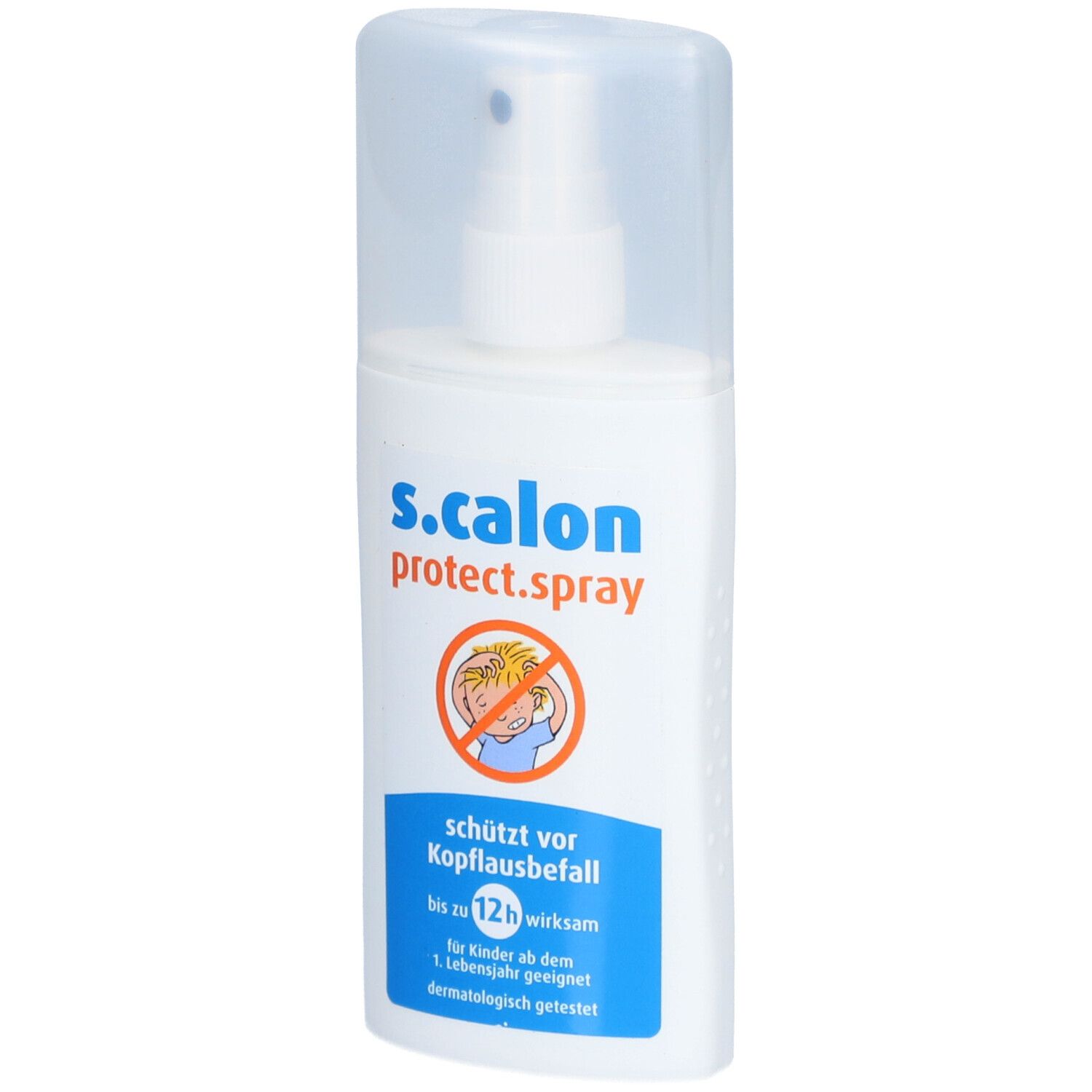 Weiße Sprühflasche mit Kappe. Aufschrift: s.calon protect.spray. Schützt vor Kopflausbefall. Für Kinder ab 1. Lebensjahr geeignet.