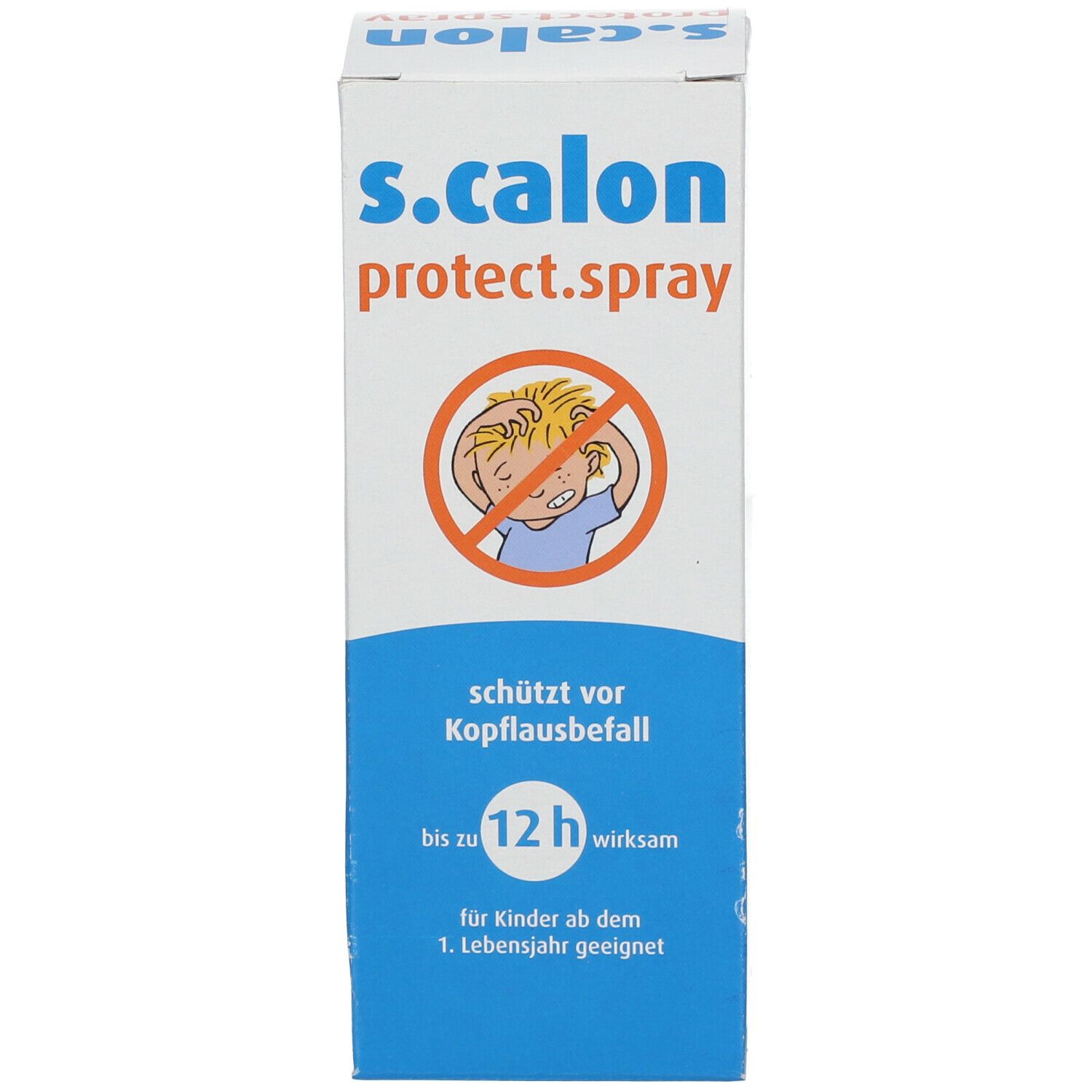 Verpackung von s.calon protect.spray. Aufschrift: s.calon protect.spray. Schützt vor Kopflausbefall. Für Kinder ab 1. Lebensjahr geeignet.