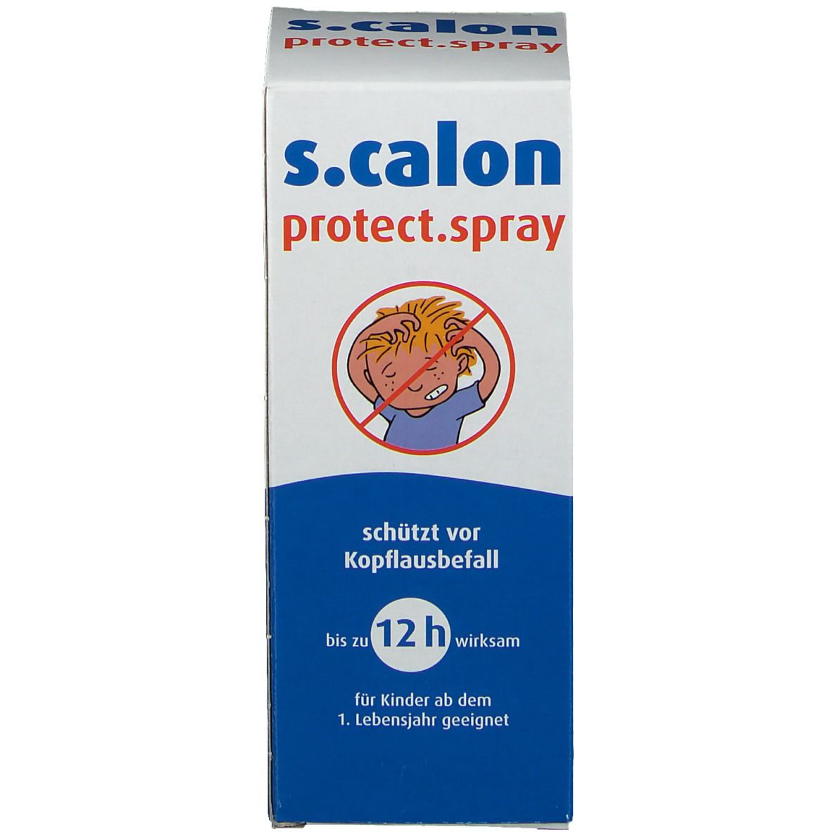 Verpackung von s.calon protect.spray. Aufschrift: s.calon protect.spray. Schützt vor Kopflausbefall. Für Kinder ab 1. Lebensjahr geeignet.