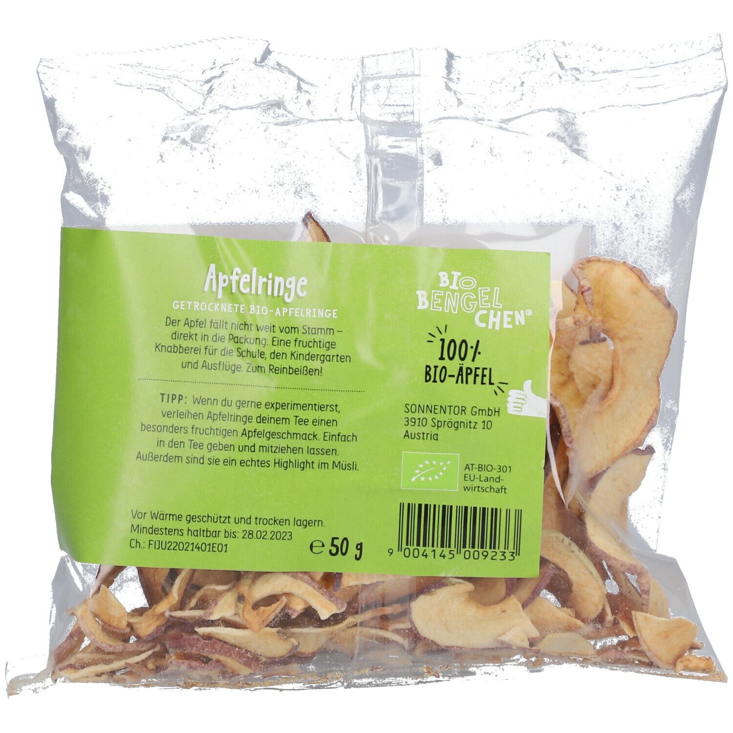 Klarsichtbeutel mit Apfelringen. Aufdruck mit Produktname, Marke SonnentoR, Bio-Siegel und Gewichtsangabe.