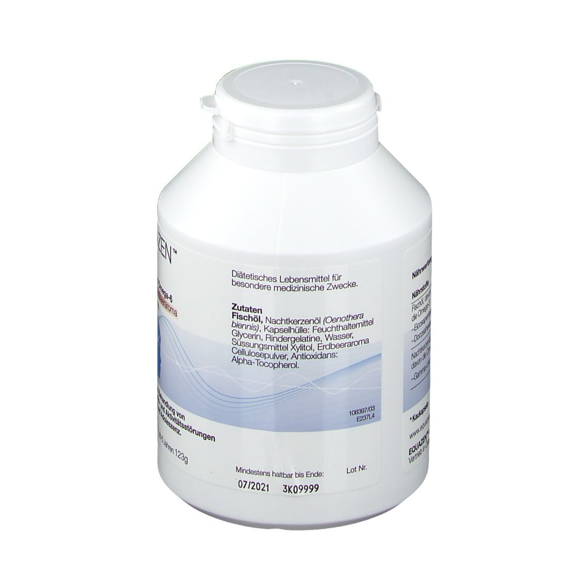 Weiße Flasche mit Schraubverschluss. Aufschrift mit Inhaltsstoffen und Mindesthaltbarkeitsdatum.