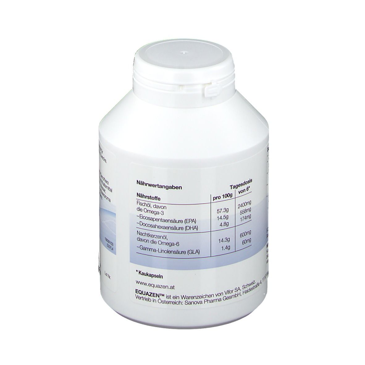 Weiße Flasche mit Schraubverschluss. Aufschrift mit Nährwertangaben.