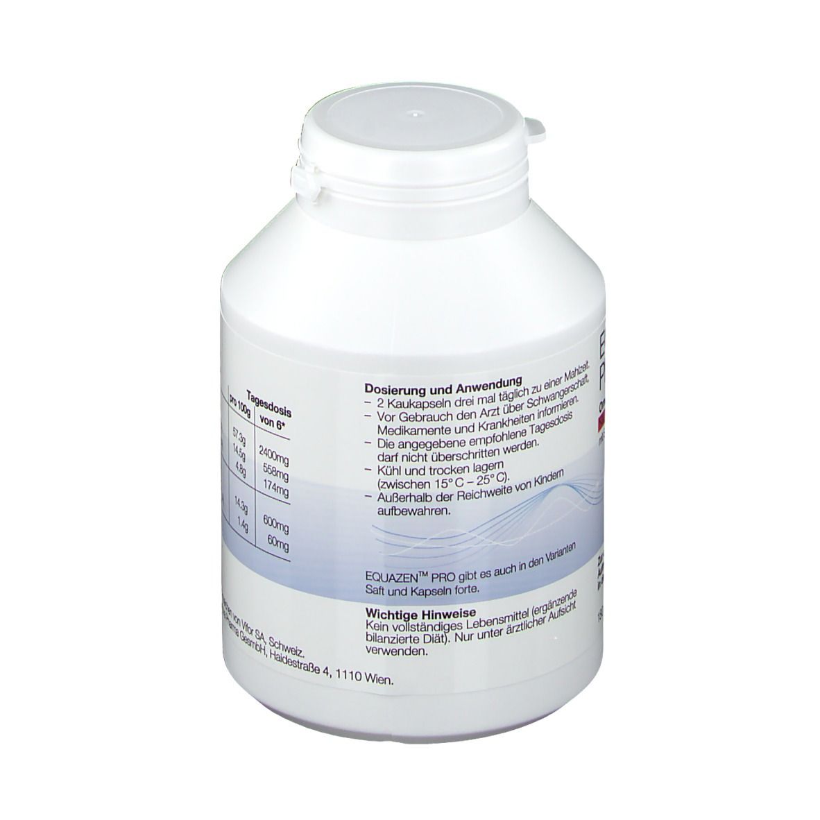 Weiße Flasche mit Schraubverschluss. Aufschrift mit Dosierung und Anwendung.