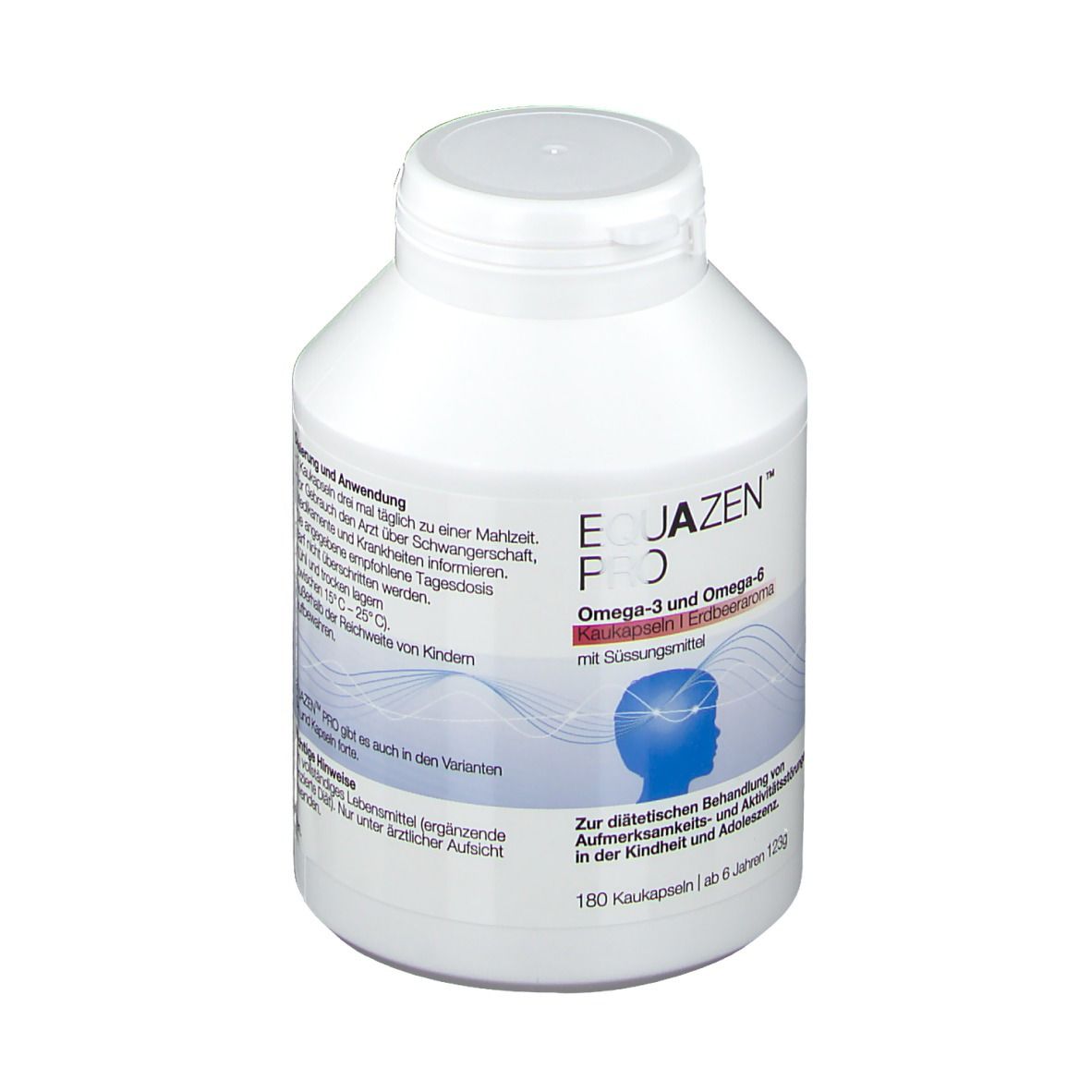 Weiße Flasche mit Schraubverschluss. Aufschrift: EQUAZEN PRO, Omega-3 und Omega-6, 180 Kapseln.